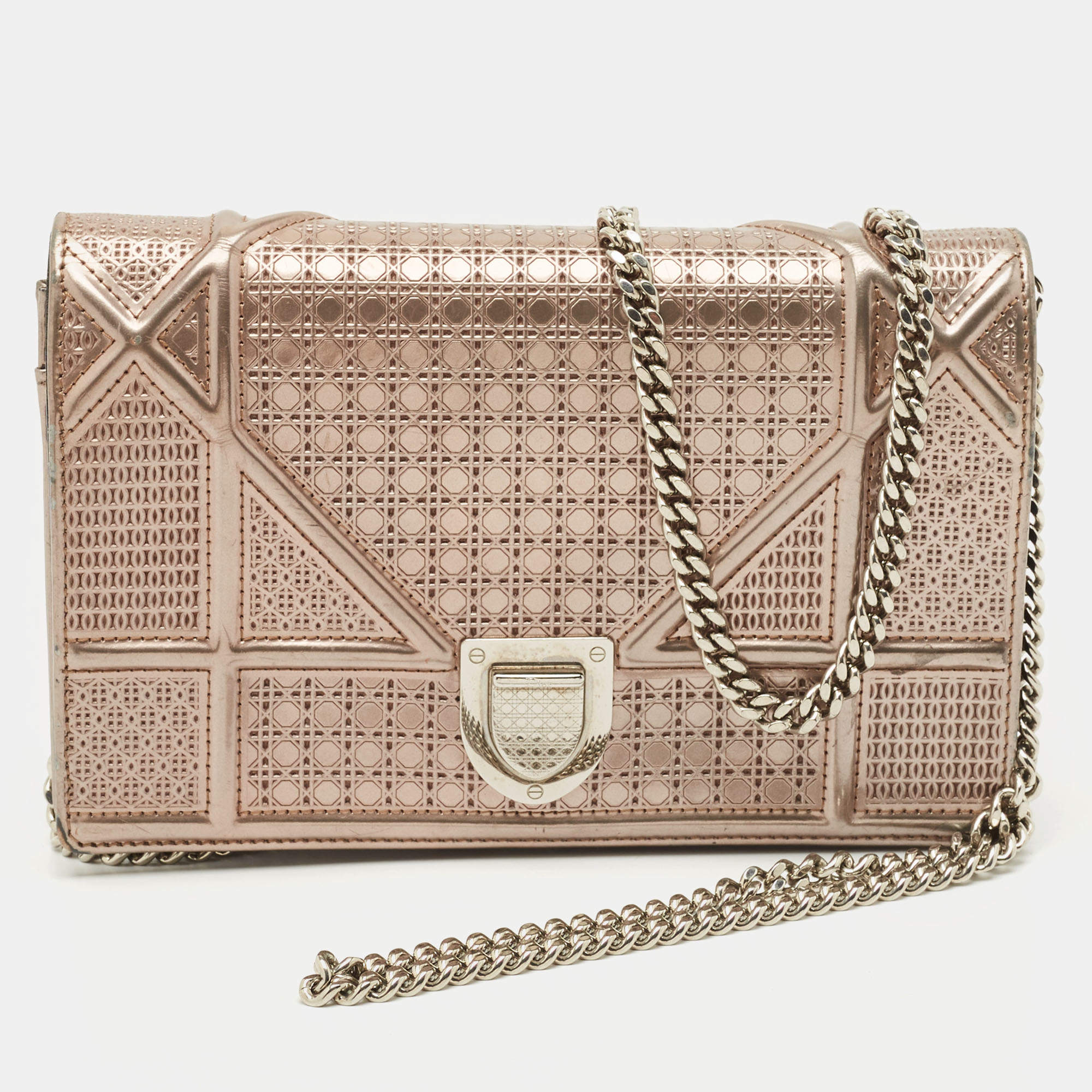 Pre Owned Dior Bronze Microcannage Patent Leather Diorama Wallet on Chain