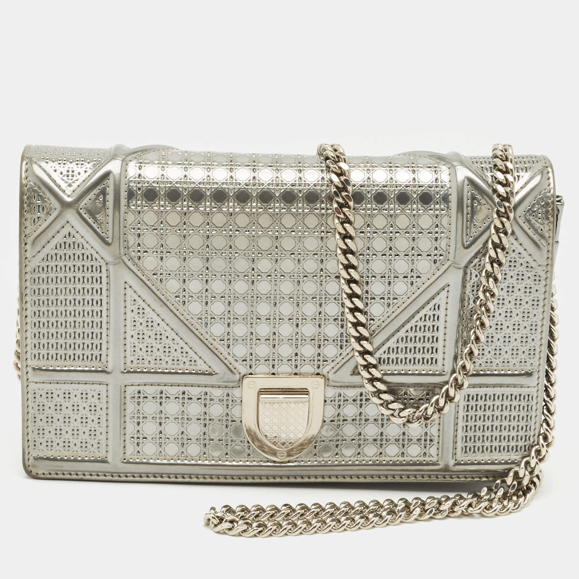 Dior Silver Microcannage Patent Leather Diorama Wallet on Chain