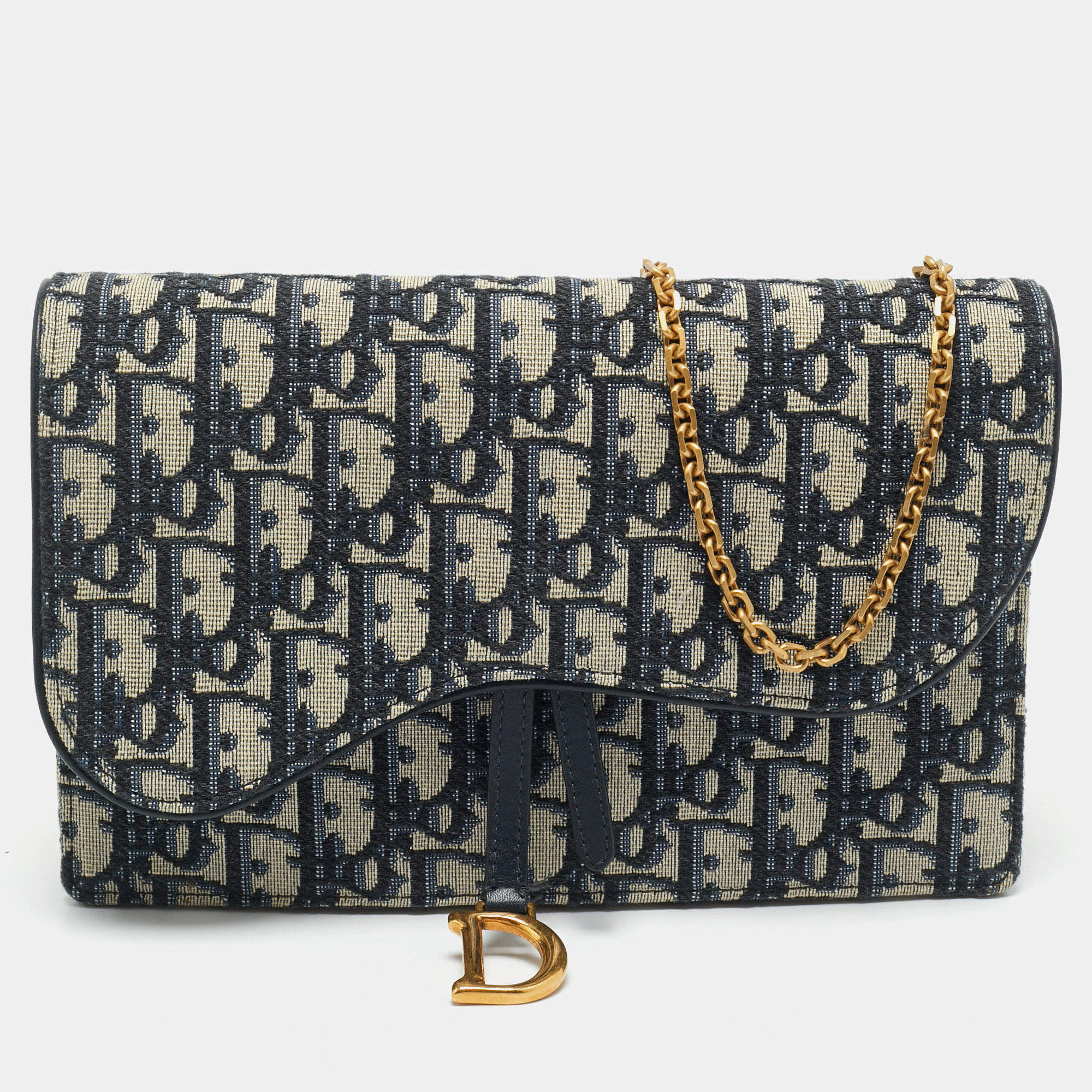 Dior Navy Blue Oblique Canvas Saddle Pouch Wallet On Chain