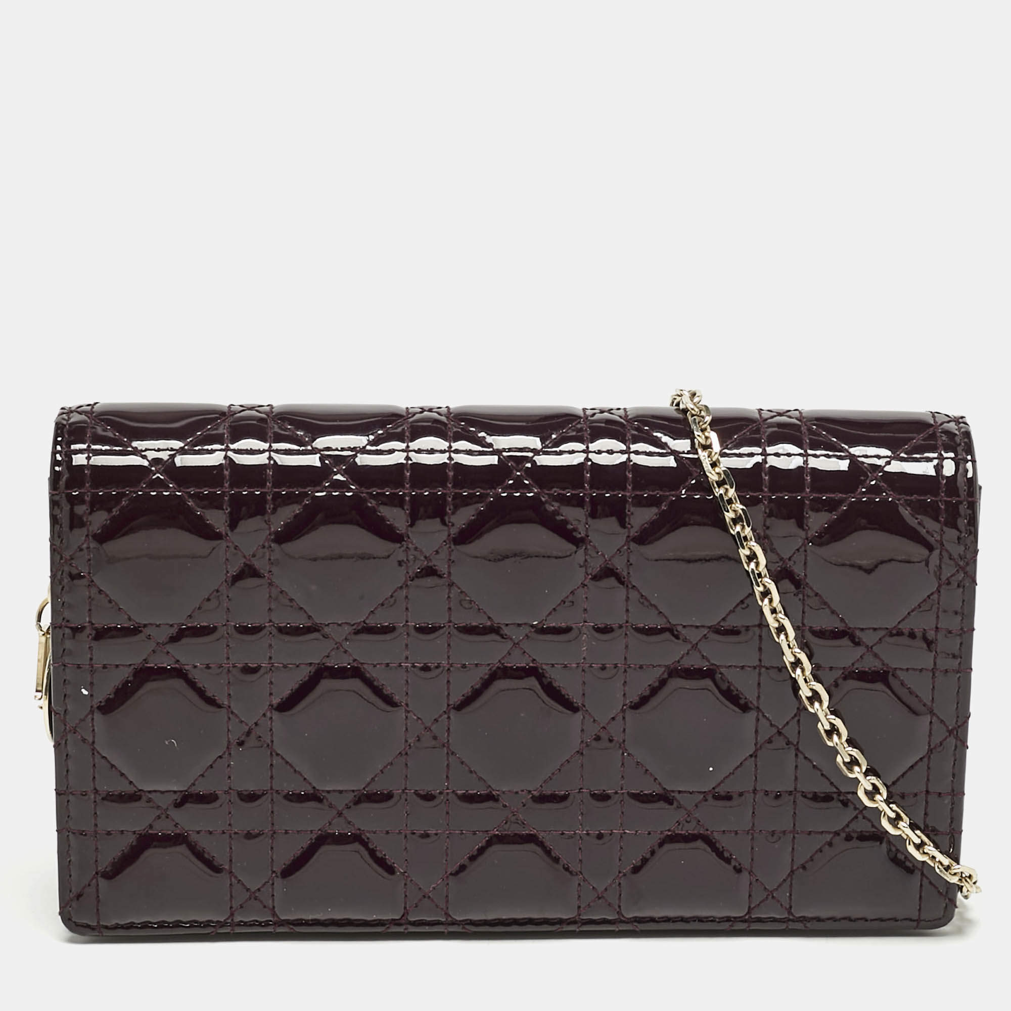 Dior Burgundy Cannage Patent Leather Lady Dior Pouch with Chain