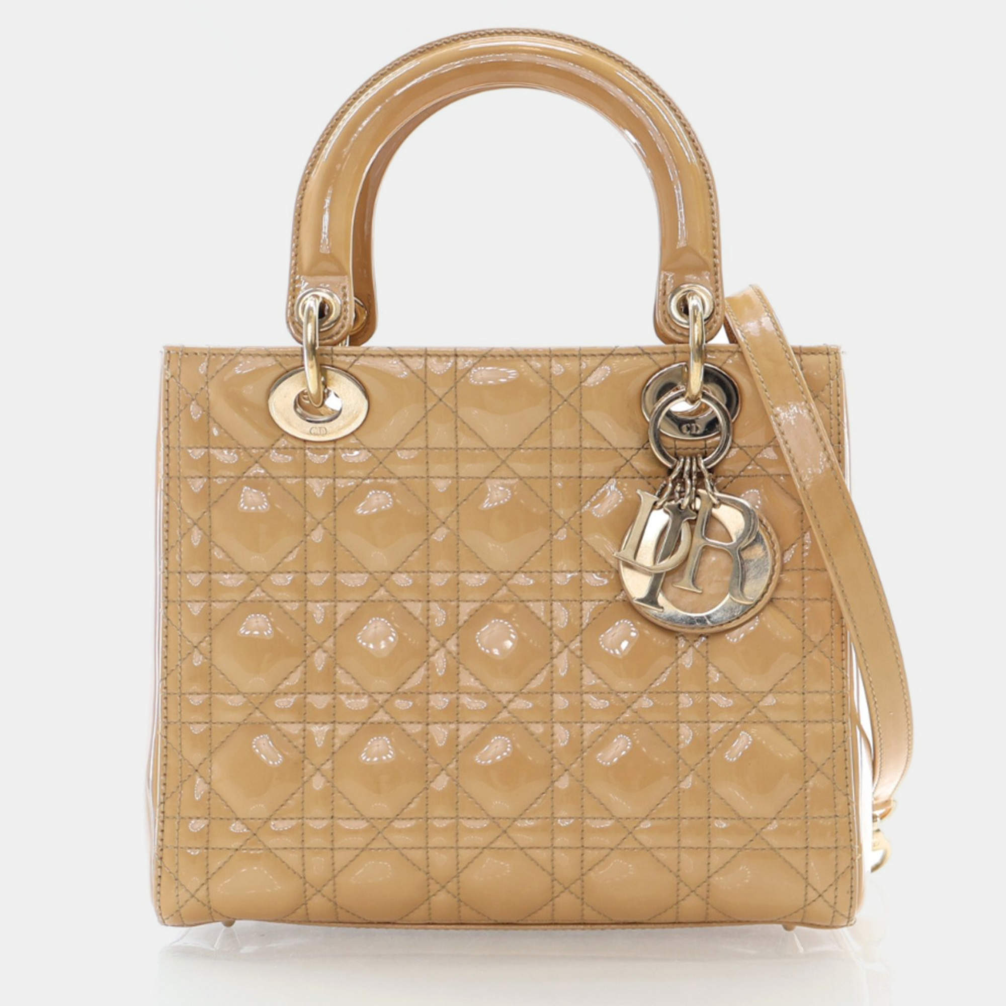 Dior Lady Dior Medium Beige/Brown Patent Leather Shoulder Bag