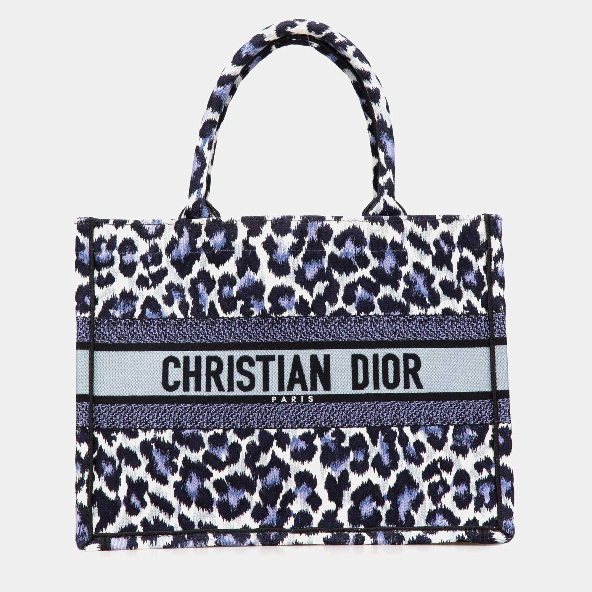 Dior Blue Mizza Medium Embroidered Canvas Leopard Book Tote