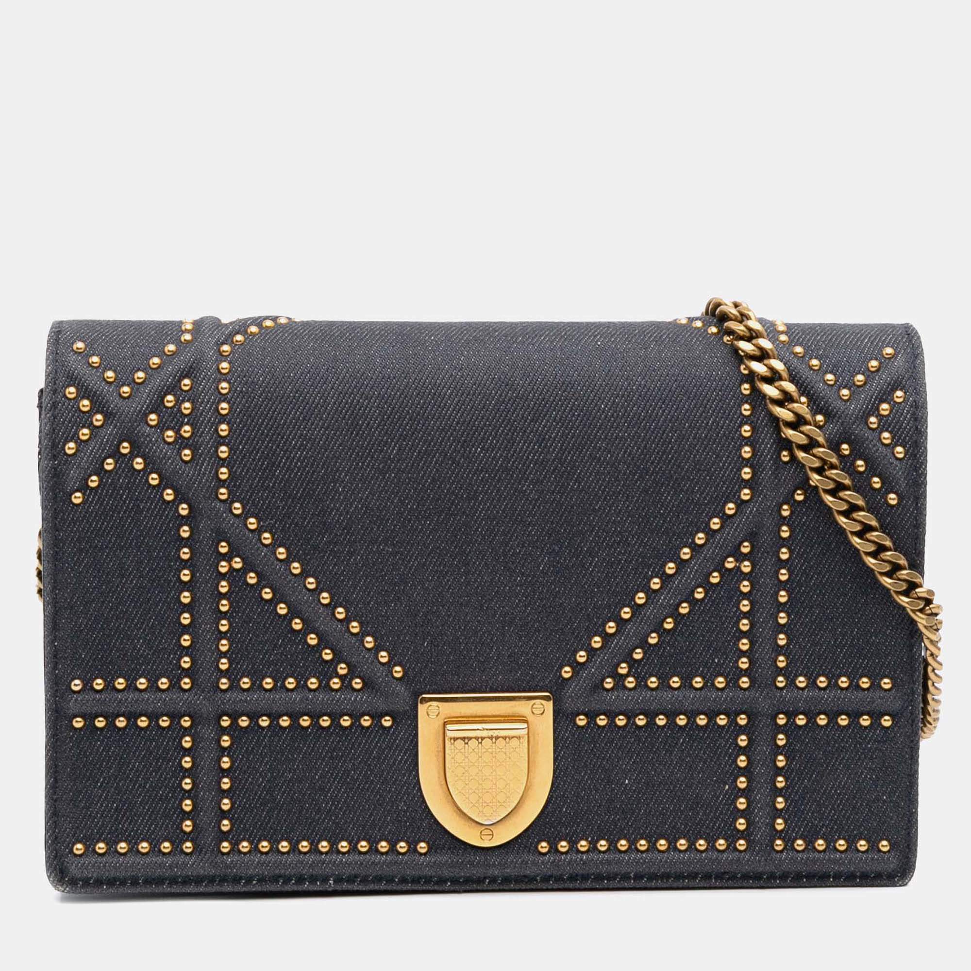 Dior Navy Blue Studded Denim Diorama Wallet on Chain