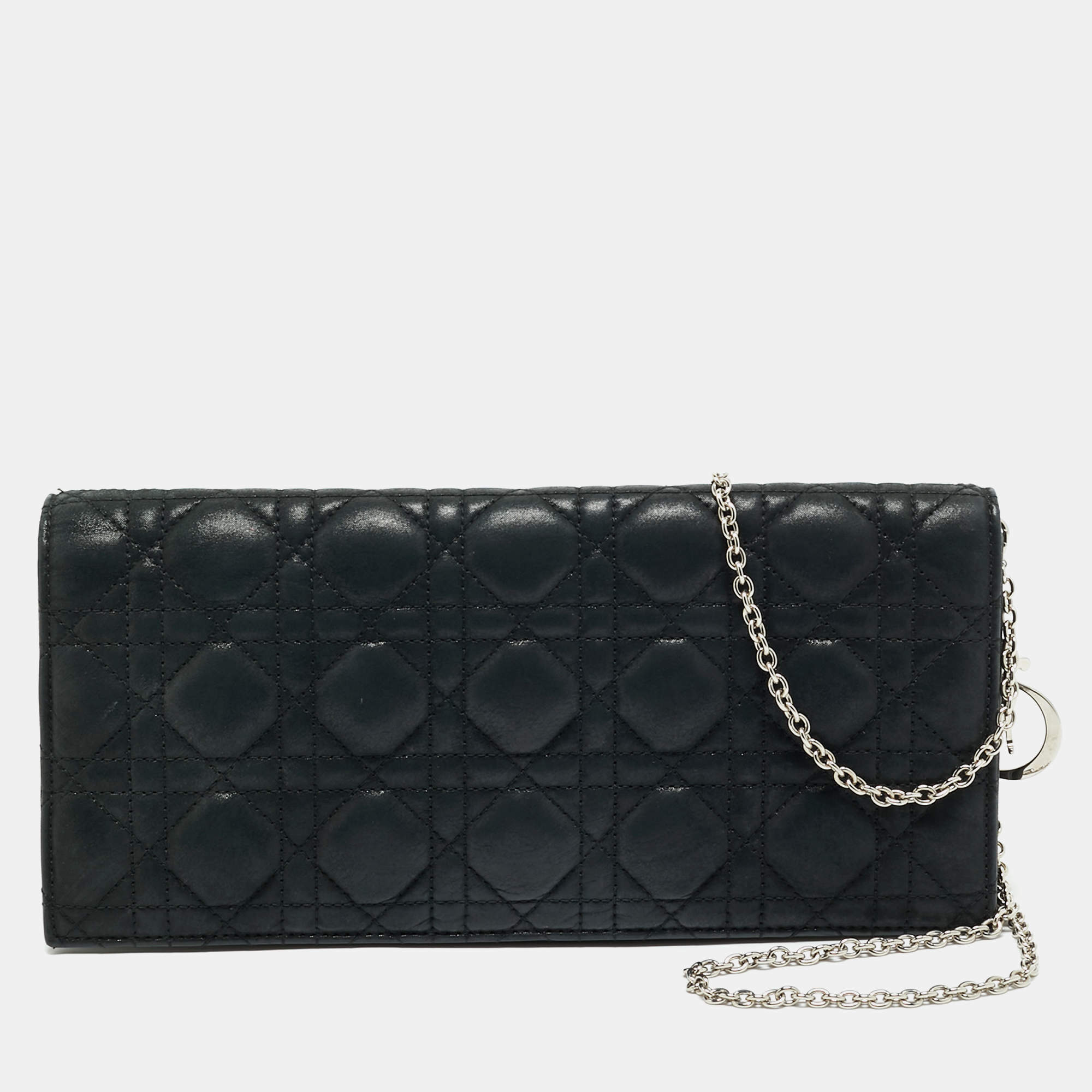 Dior Black Shimmer Cannage Leather Lady Dior Chain Clutch