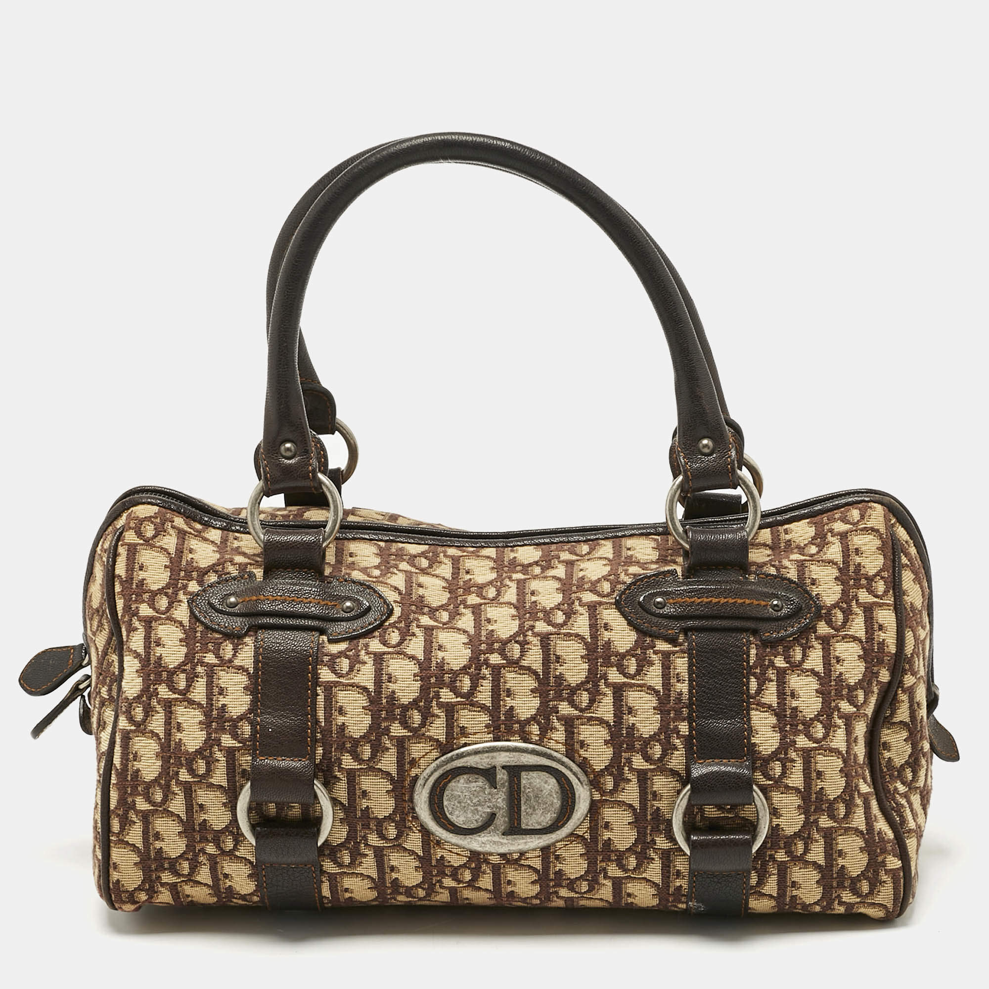 Pre Owned Dior Brown/Beige Oblique Canvas and Leather East/West Boston Bag