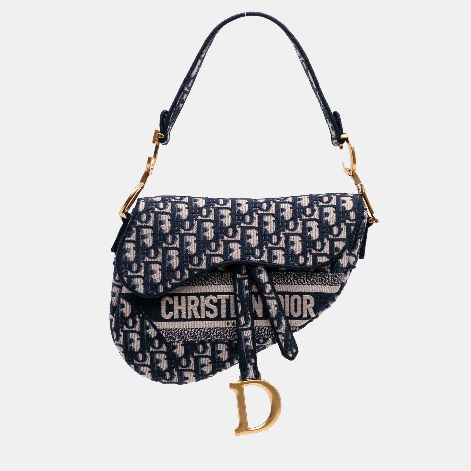 Dior Navy Blue Oblique Embroidered Canvas Saddle Bag