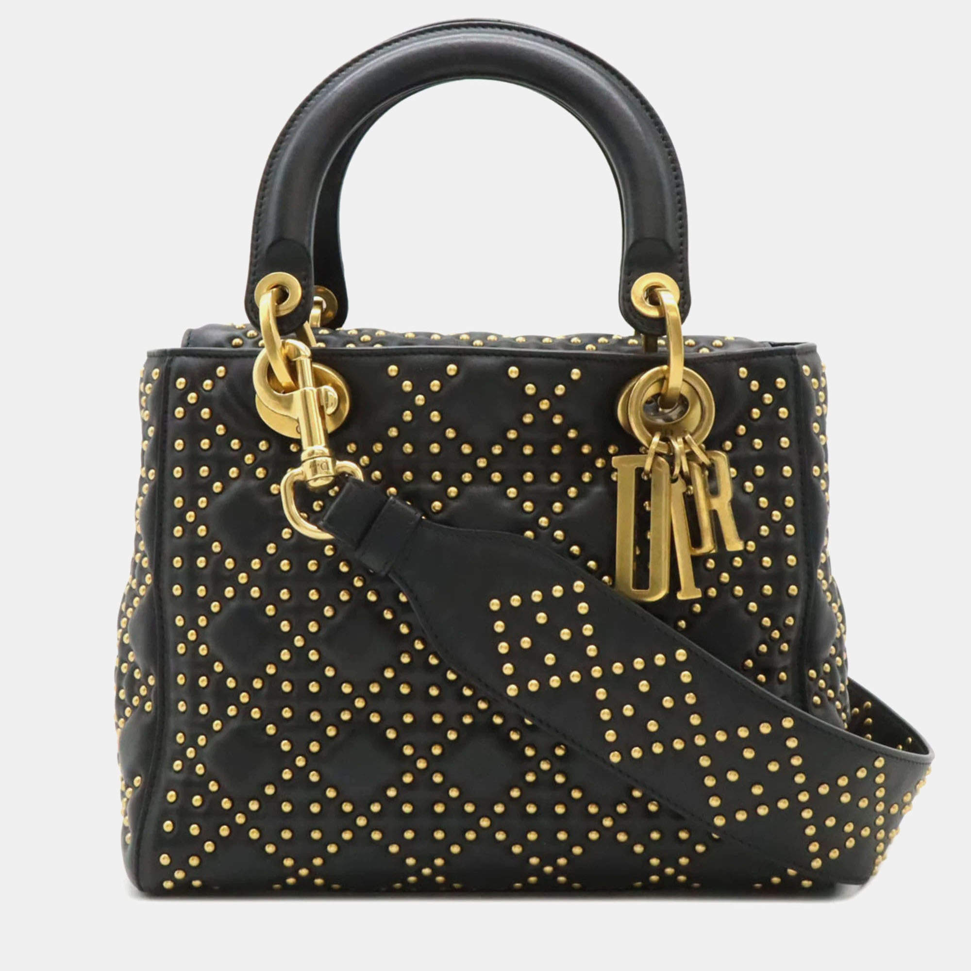 Christian Dior Lady Dior Cannage Black Leather Handbag with Studs