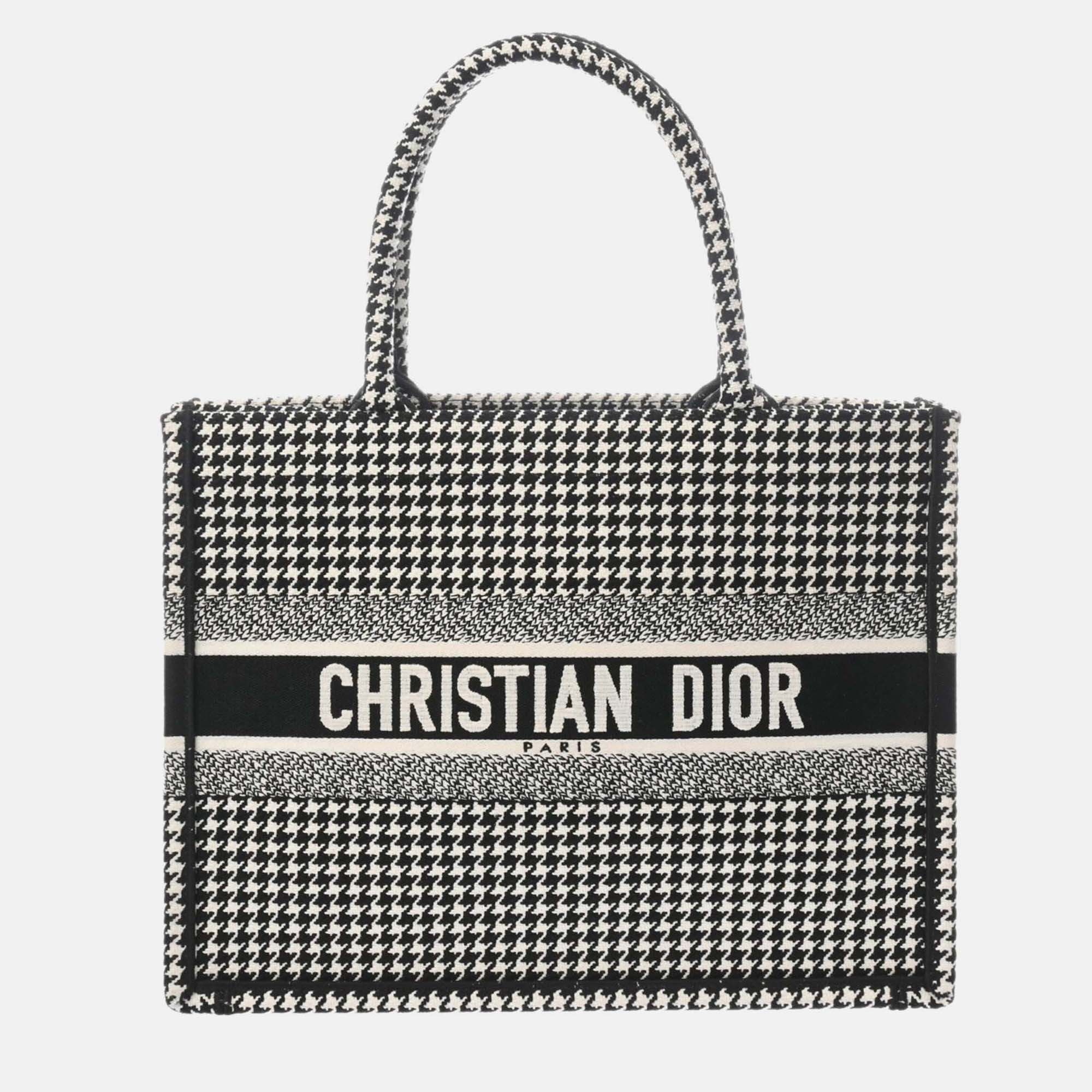 Christian Dior Book Tote Medium Houndstooth Black/White Canvas Handbag