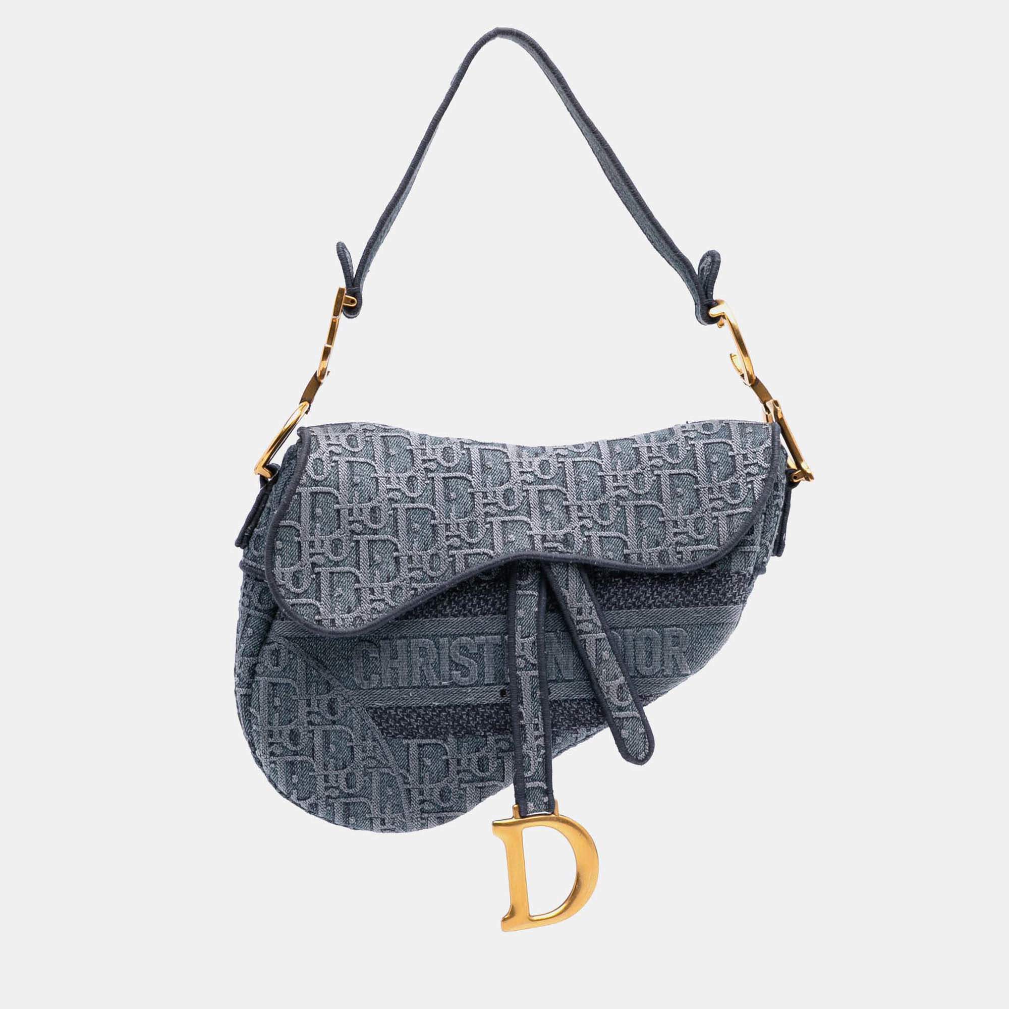 Dior Blue Oblique Embroidered Denim Saddle Bag