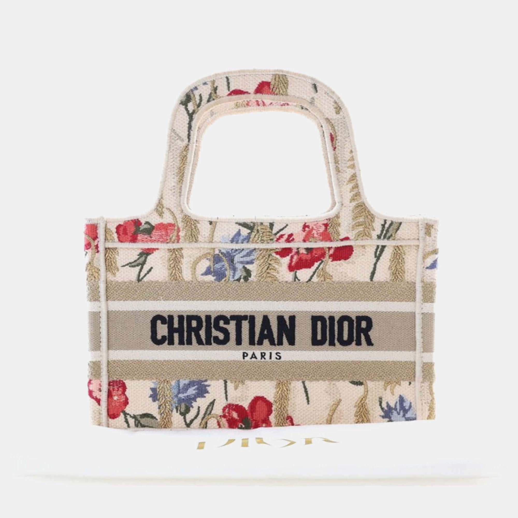 Dior Beige Mini Canvas Embroidered Hibiscus Book Tote