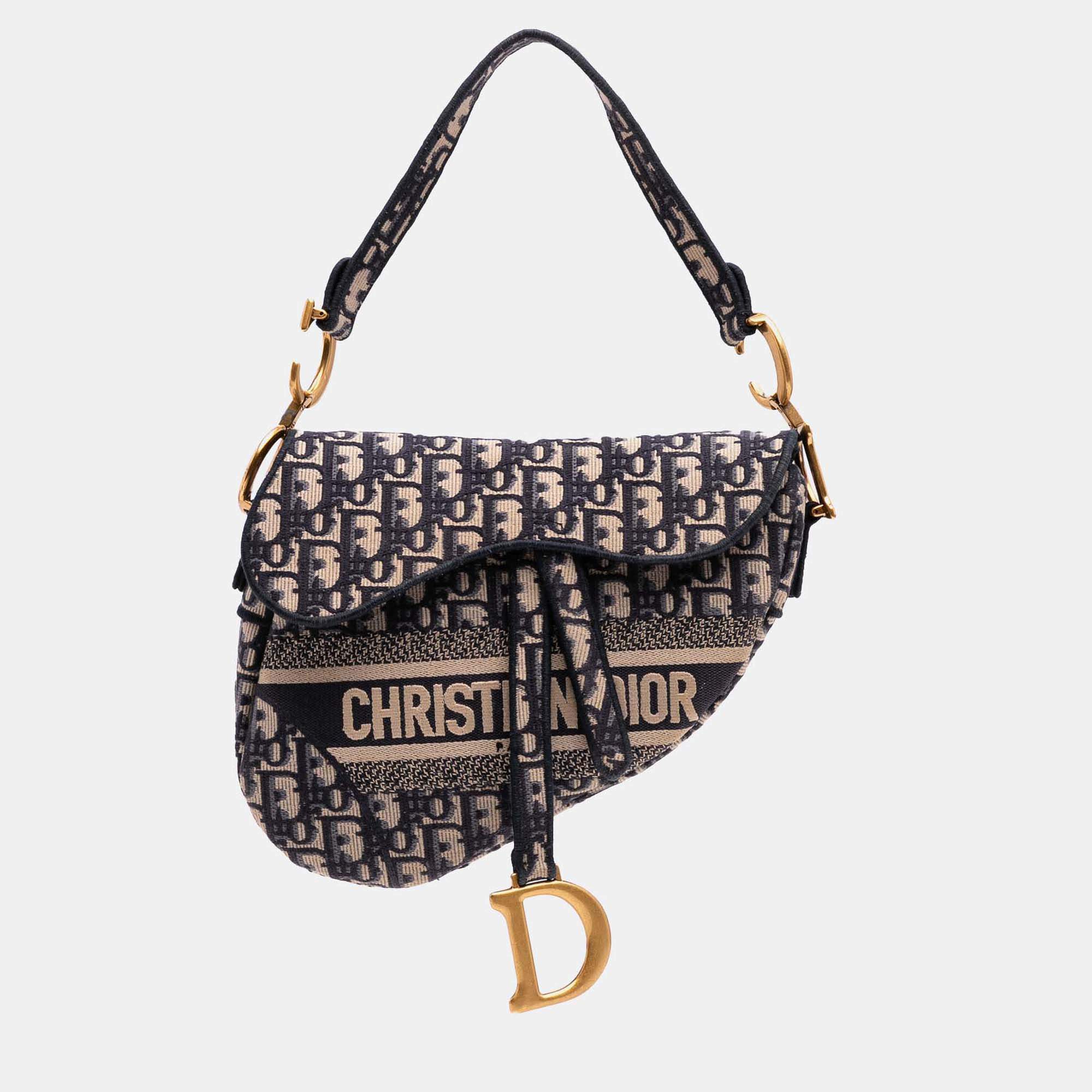 Dior Blue Oblique Embroidered Canvas Saddle Bag