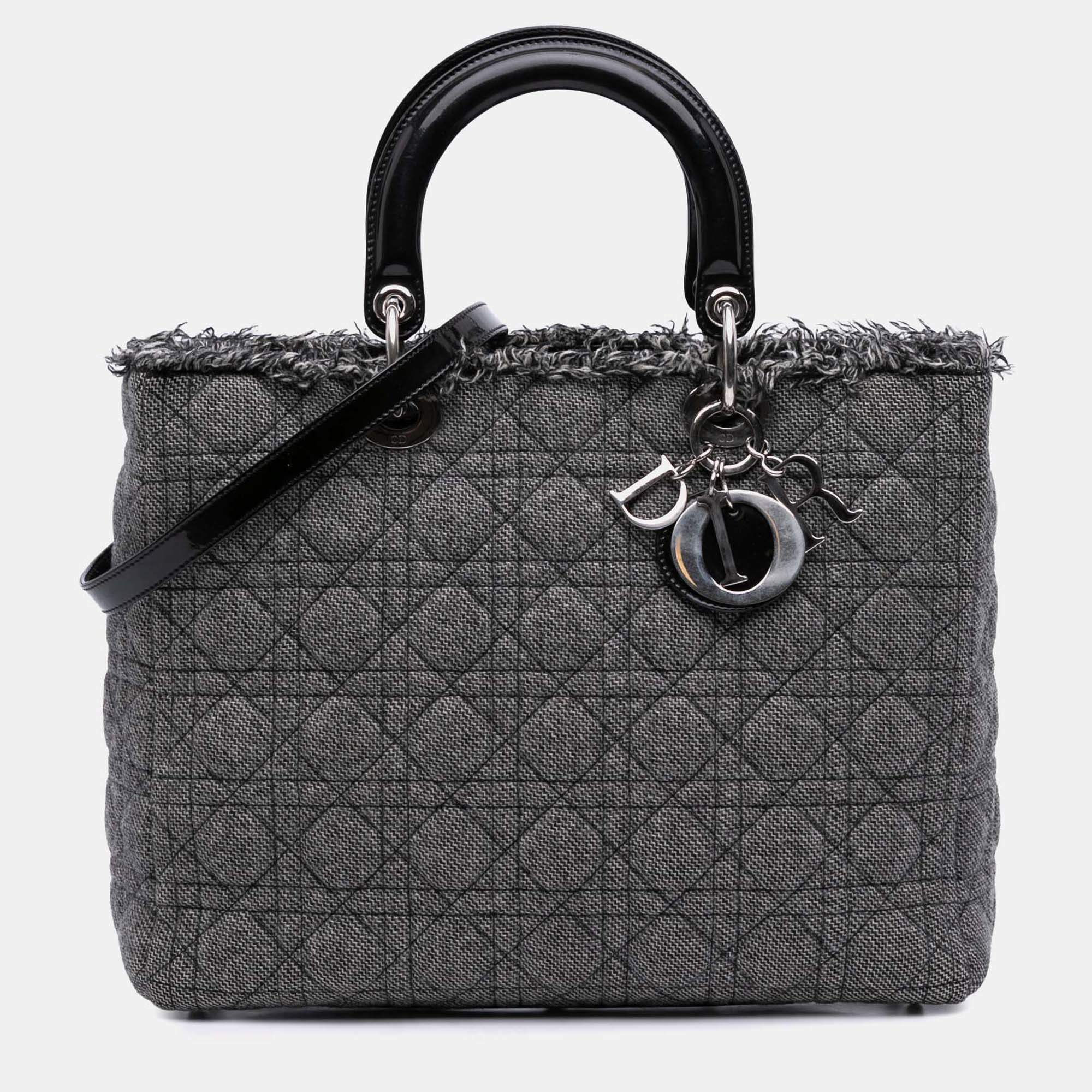 Dior Black/Grey Large Tweed Cannage Lady Dior