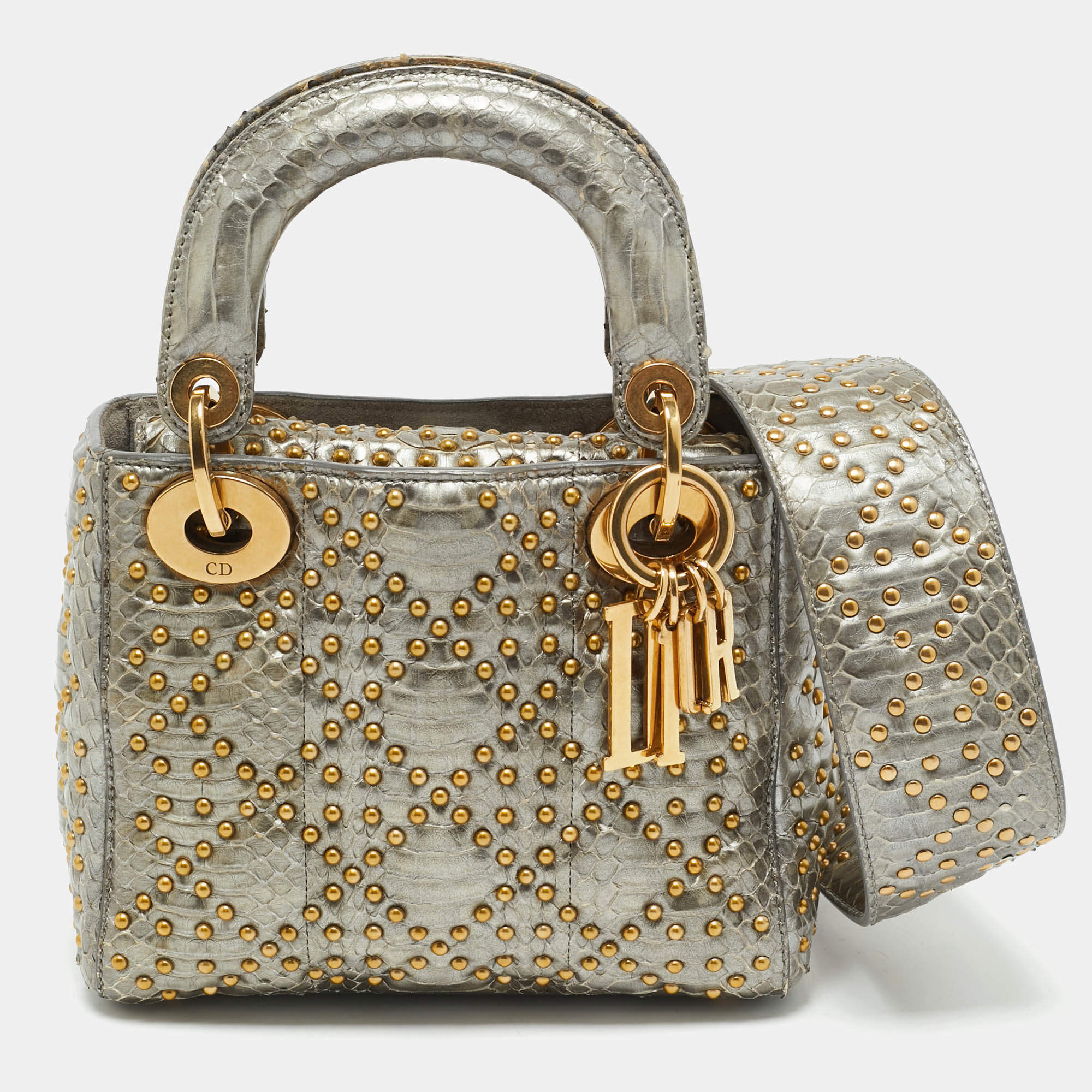 Dior Metallic Grey Cannage Python Mini Studded Supple Lady Dior Tote
