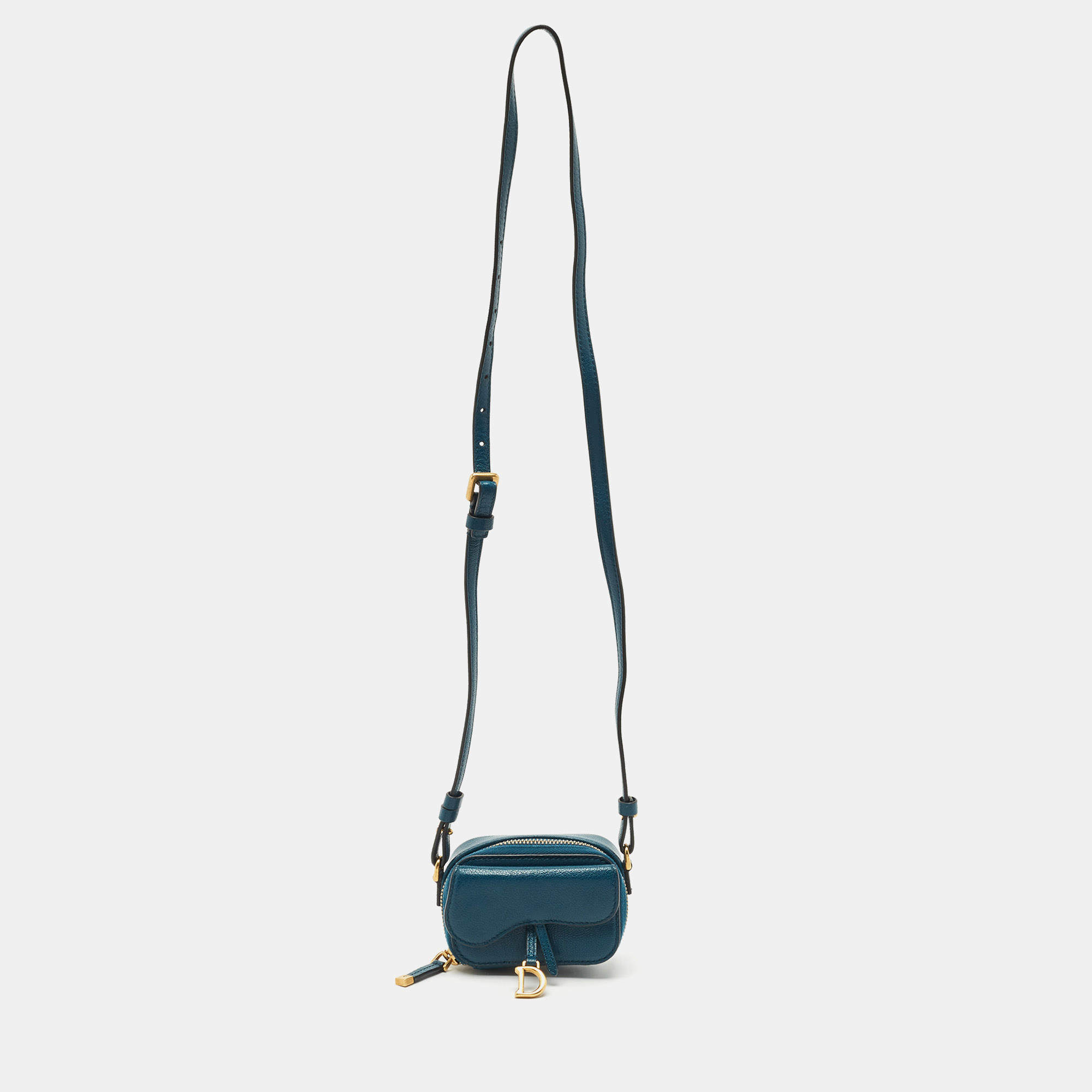 Pre Owned Dior Teal Blue Leather Mini Saddle Shoulder Strap Pouch