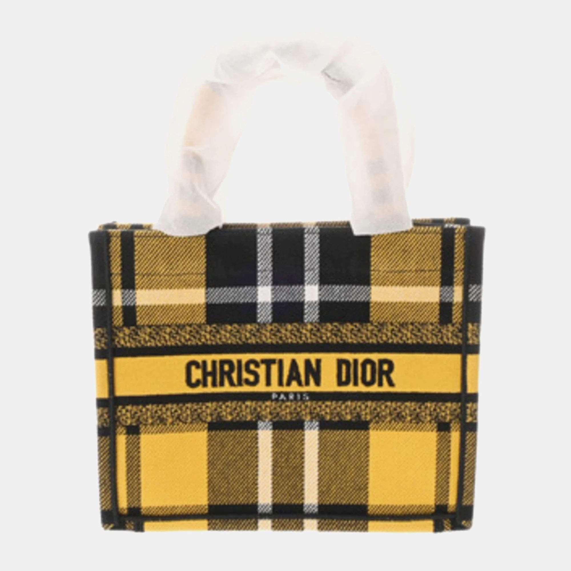 Christian Dior Book Tote Small Check Pattern Yellow/Black Canvas Handbag