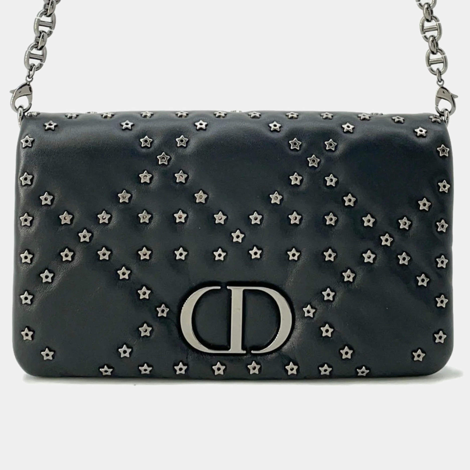 Christian Dior Lucky Star Black Caro Cannage Studs Leather Wallet On Chain