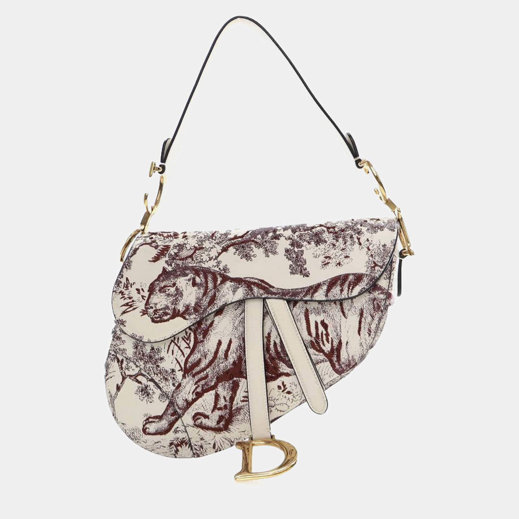 Dior White Embroidered Calfskin Toile De Jouy Saddle Bag