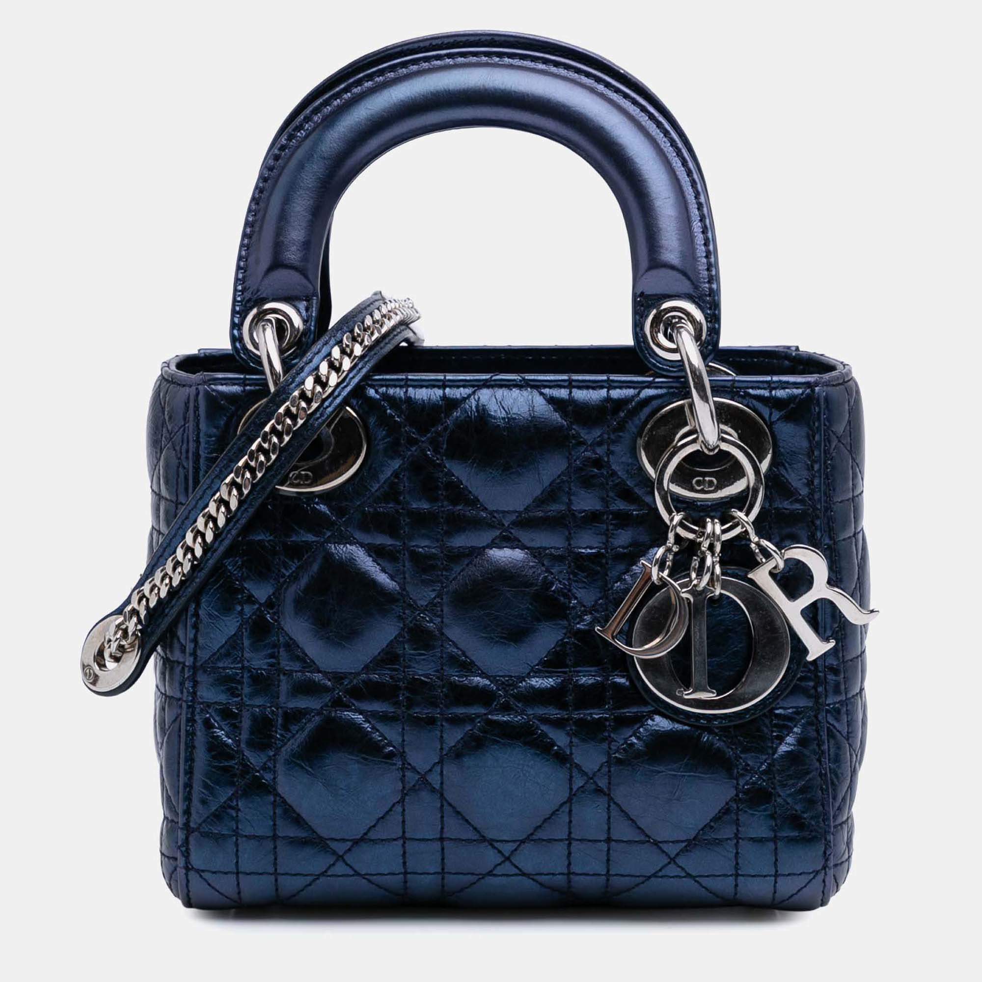 Dior Blue Mini Metallic Calfskin Cannage Lady Dior