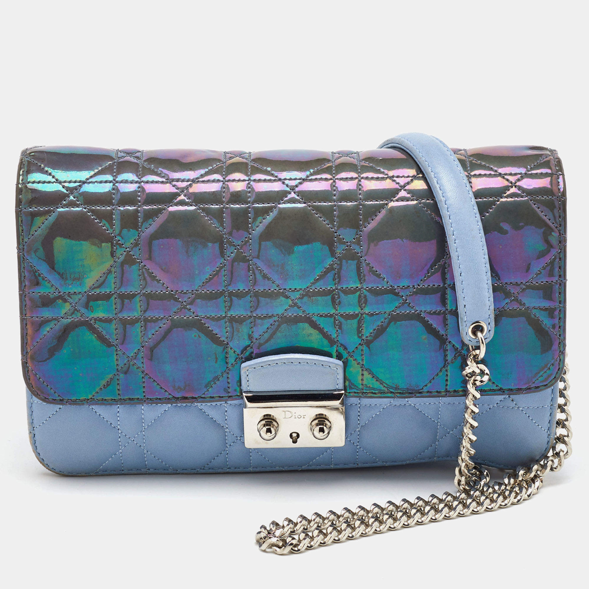 Pre Owned Dior Blue Iridescent Cannage Patent and Leather Miss Dior Promenade Bag