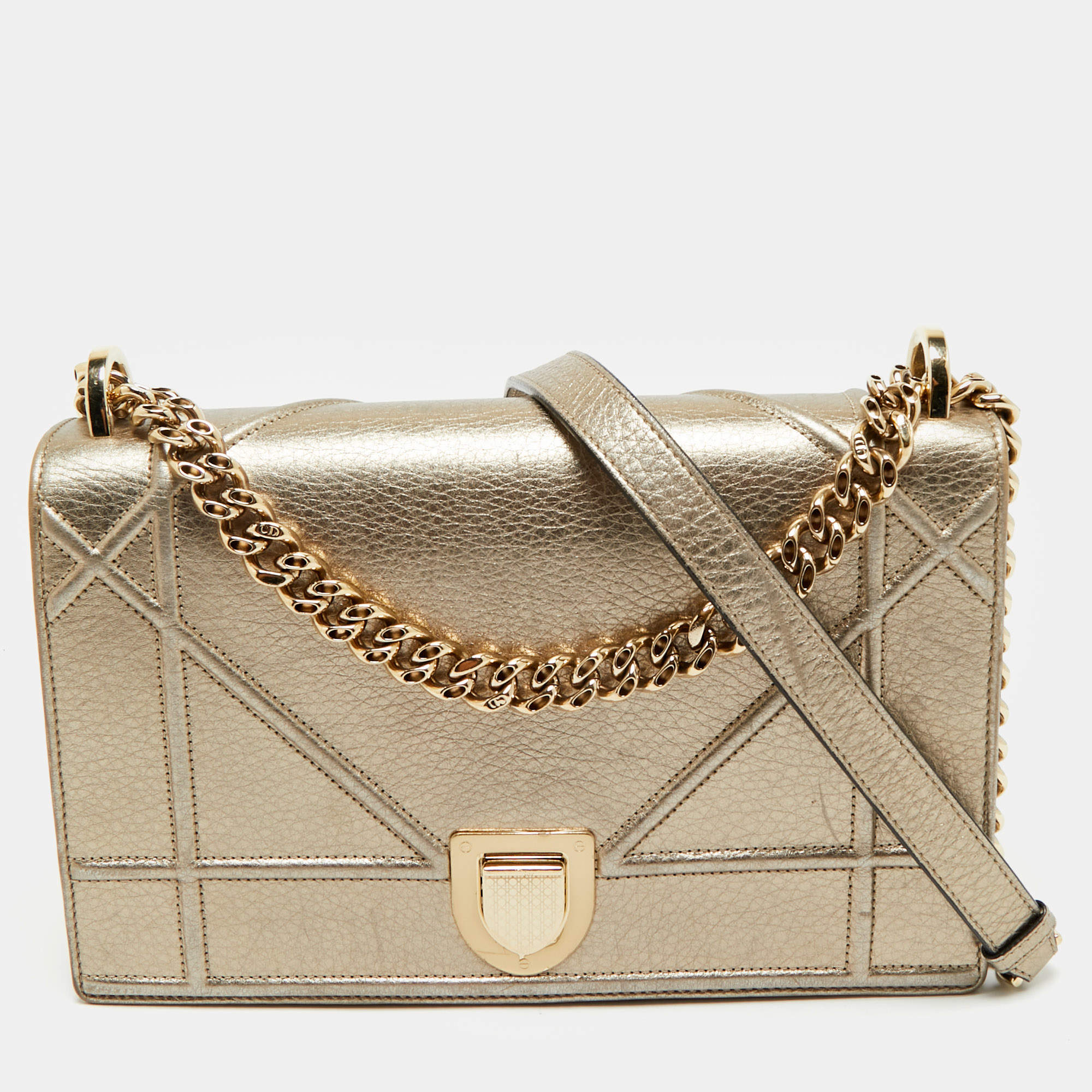 Pre Owned Dior Gold Leather Medium Diorama Shoulder Bag