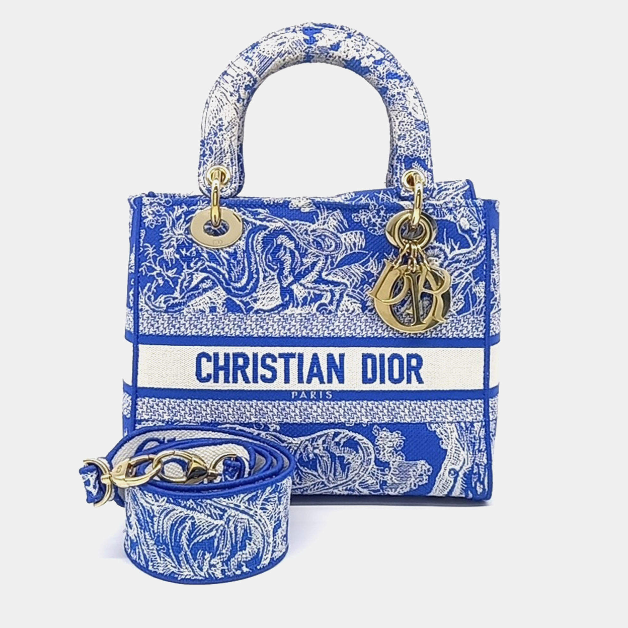 Pre Owned Dior Blue White Fabric D-LITE Lady Bag Medium