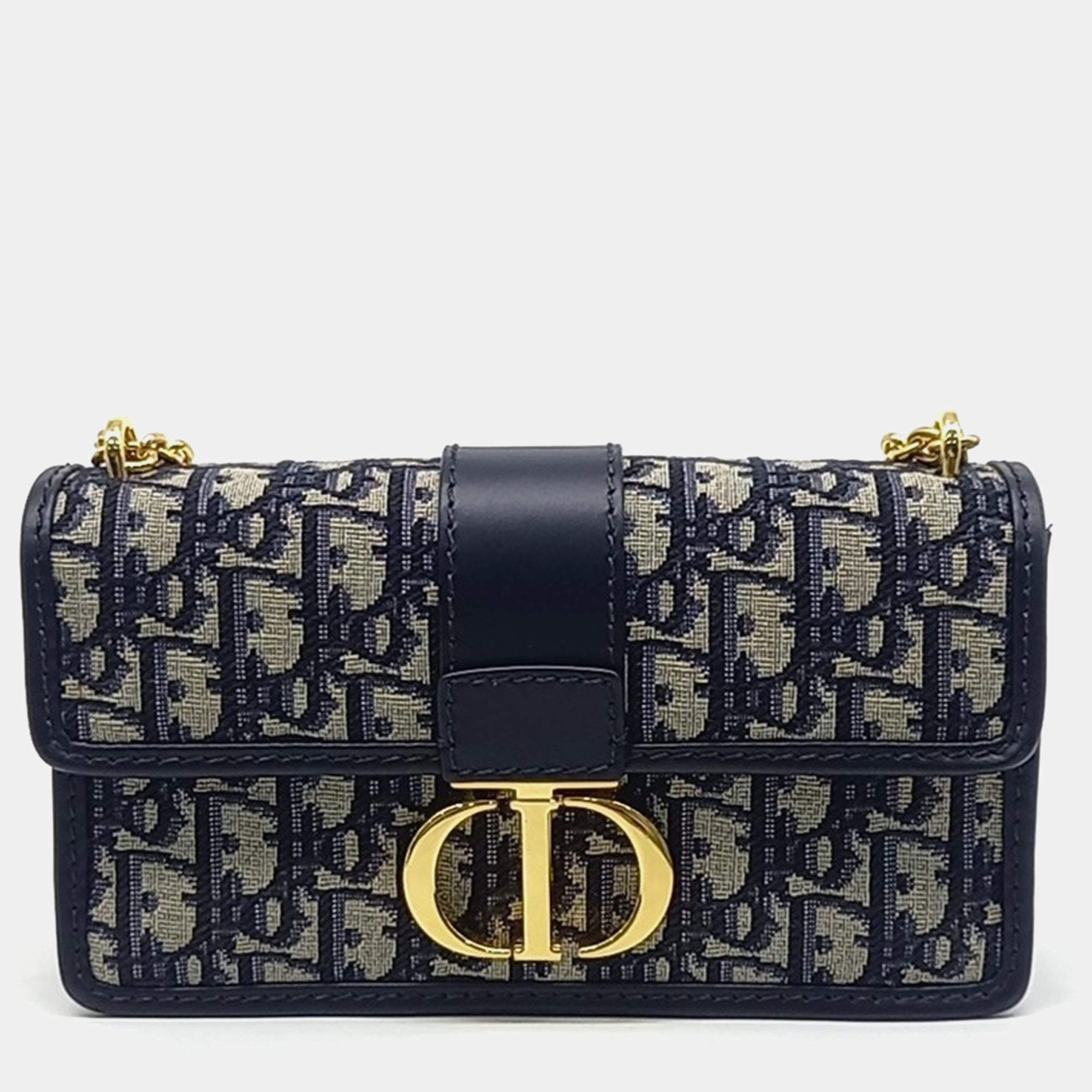 Pre Owned Christian Dior 30 Montaigne East-West Mini Navy Blue Oblique Canvas Shoulder Bag