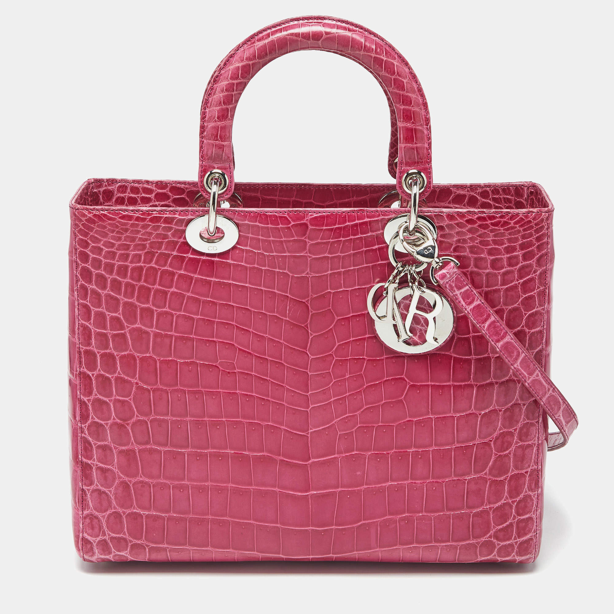 مملوكة مسبقًا حقيبة يد توتس ديور ليدي ديور جلد تمساح فوشيا لامع كبيرة