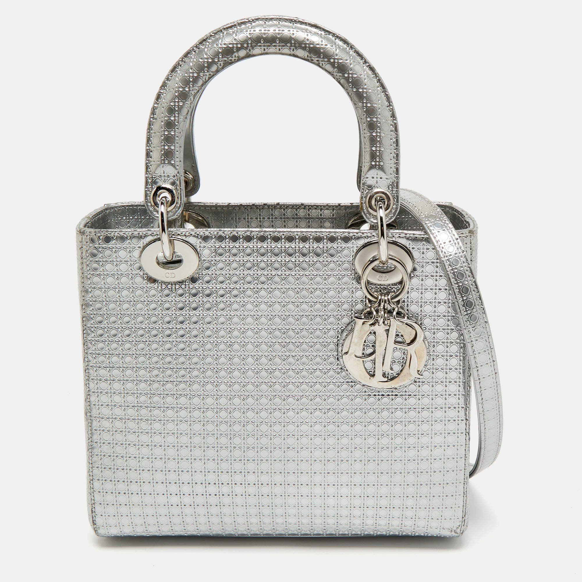 Pre Owned Dior Silver Micro Cannage Patent Leather Medium Lady Dior Tote