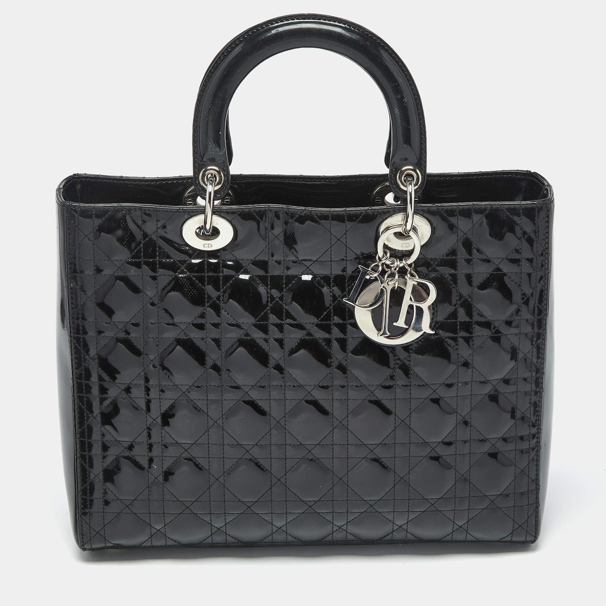 Pre Owned Dior Black Cannage Patent Leather Large Lady Dior Tote