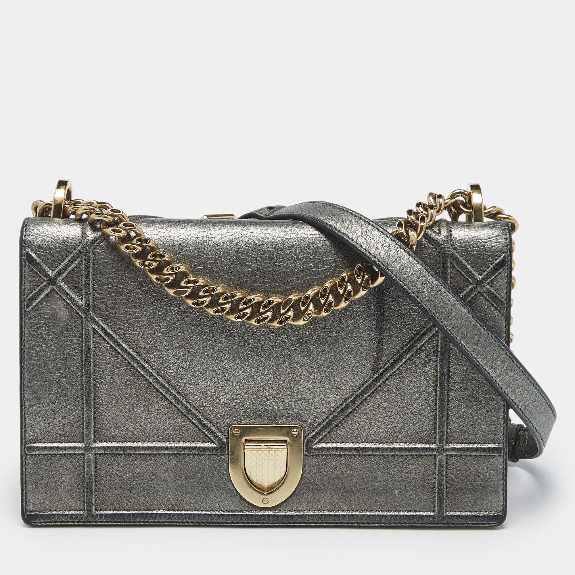 Pre Owned Dior Metallic Grey Leather Medium Diorama Flap Bag