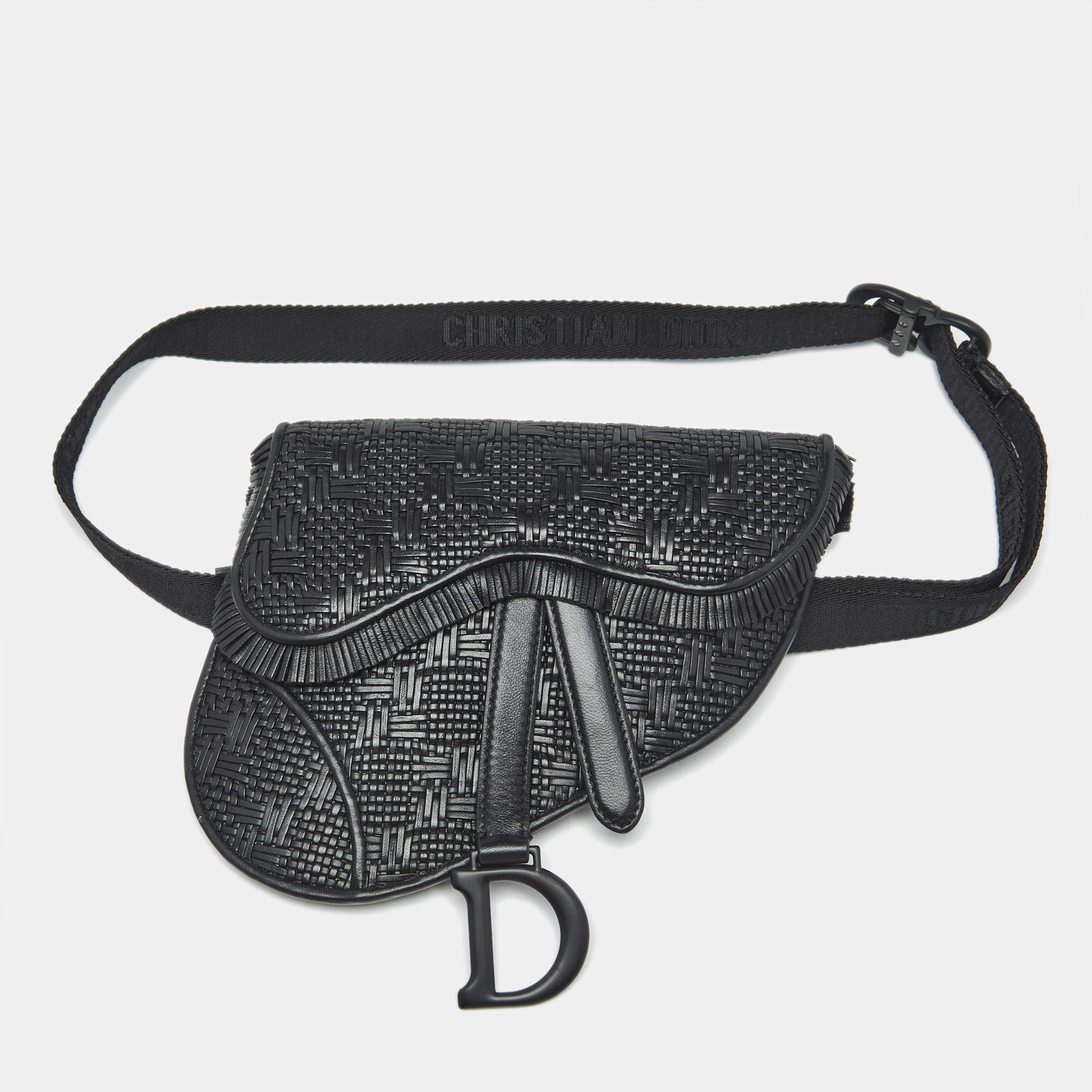 Pre Owned Dior Black Woven Leather Saddle Belt Bag