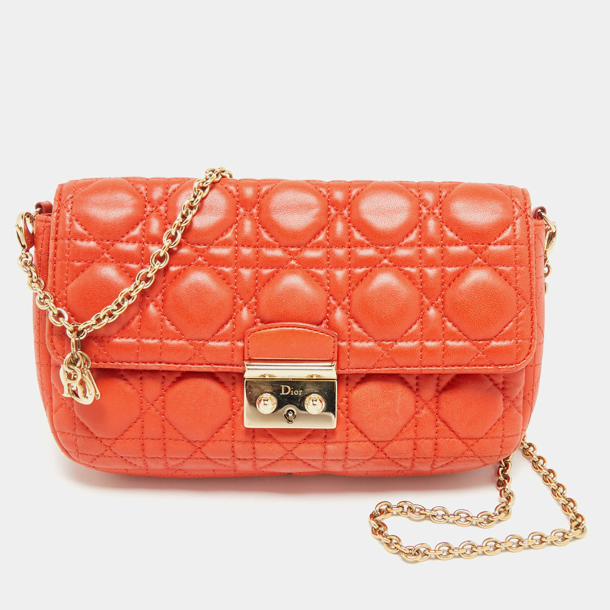 Pre Owned Dior Orange Cannage Leather Small Miss Dior Flap Bag