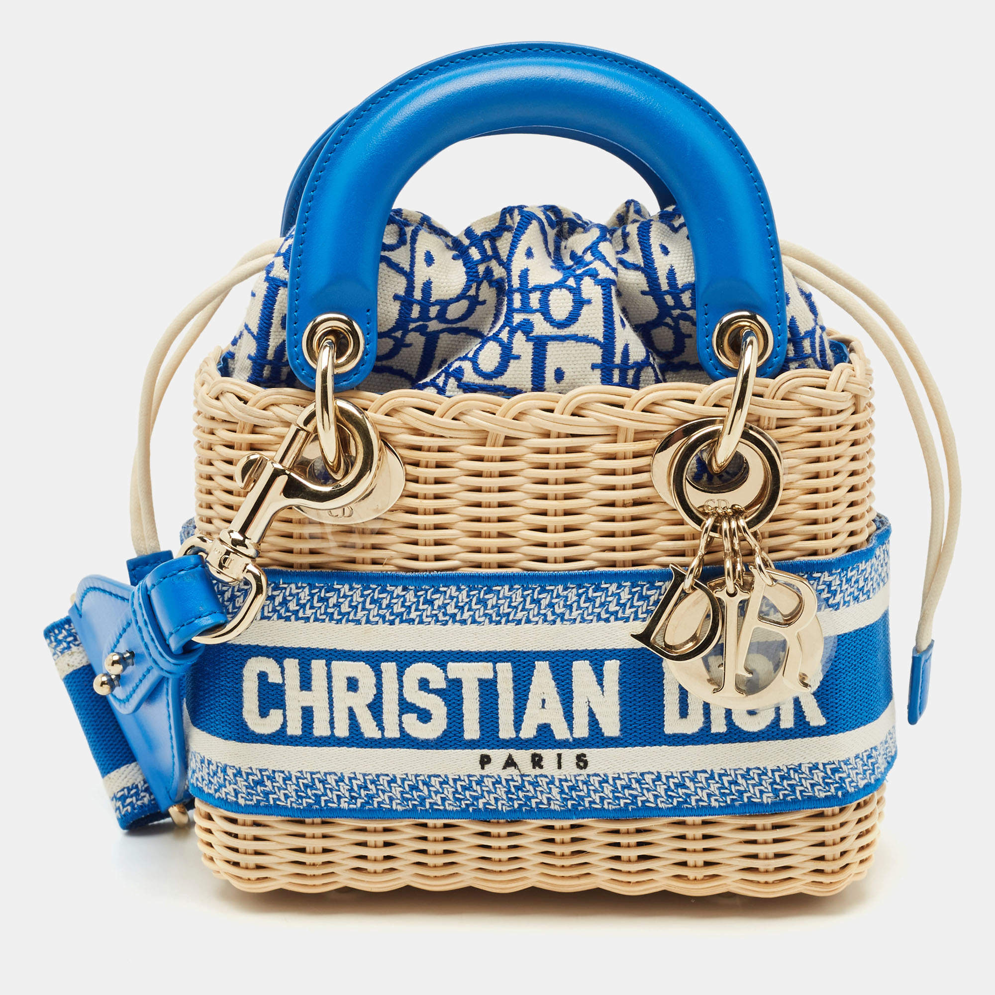 Pre Owned Dior Blue/Cream Rattan and Fabric Mini Wicker Lady Dior Tote