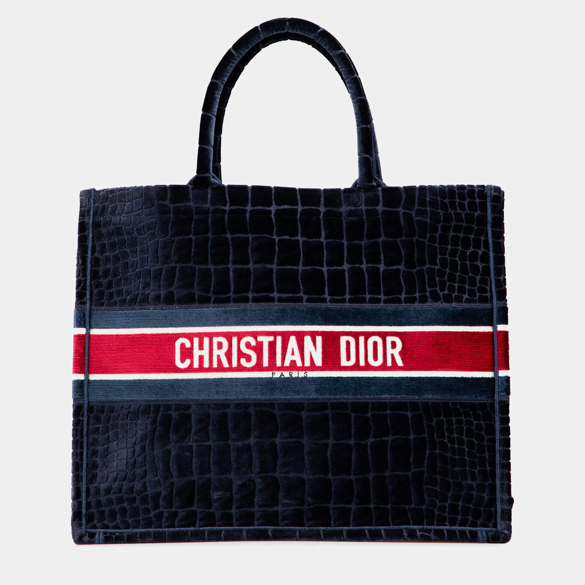 Pre Owned Dior Navy Blue Large Velvet Embossed Book Tote