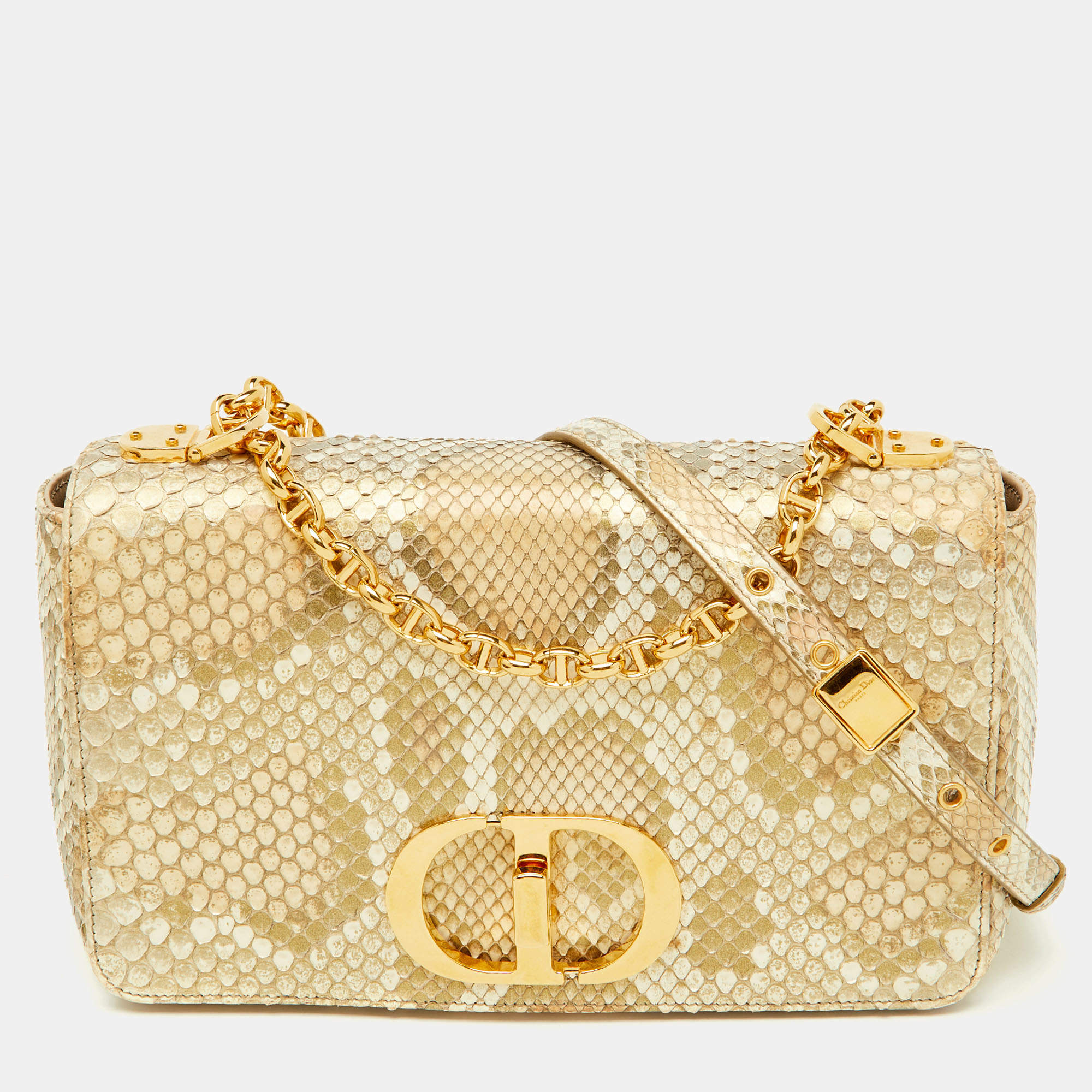 Pre Owned Dior Gold/Beige Python Medium Caro Shoulder Bag