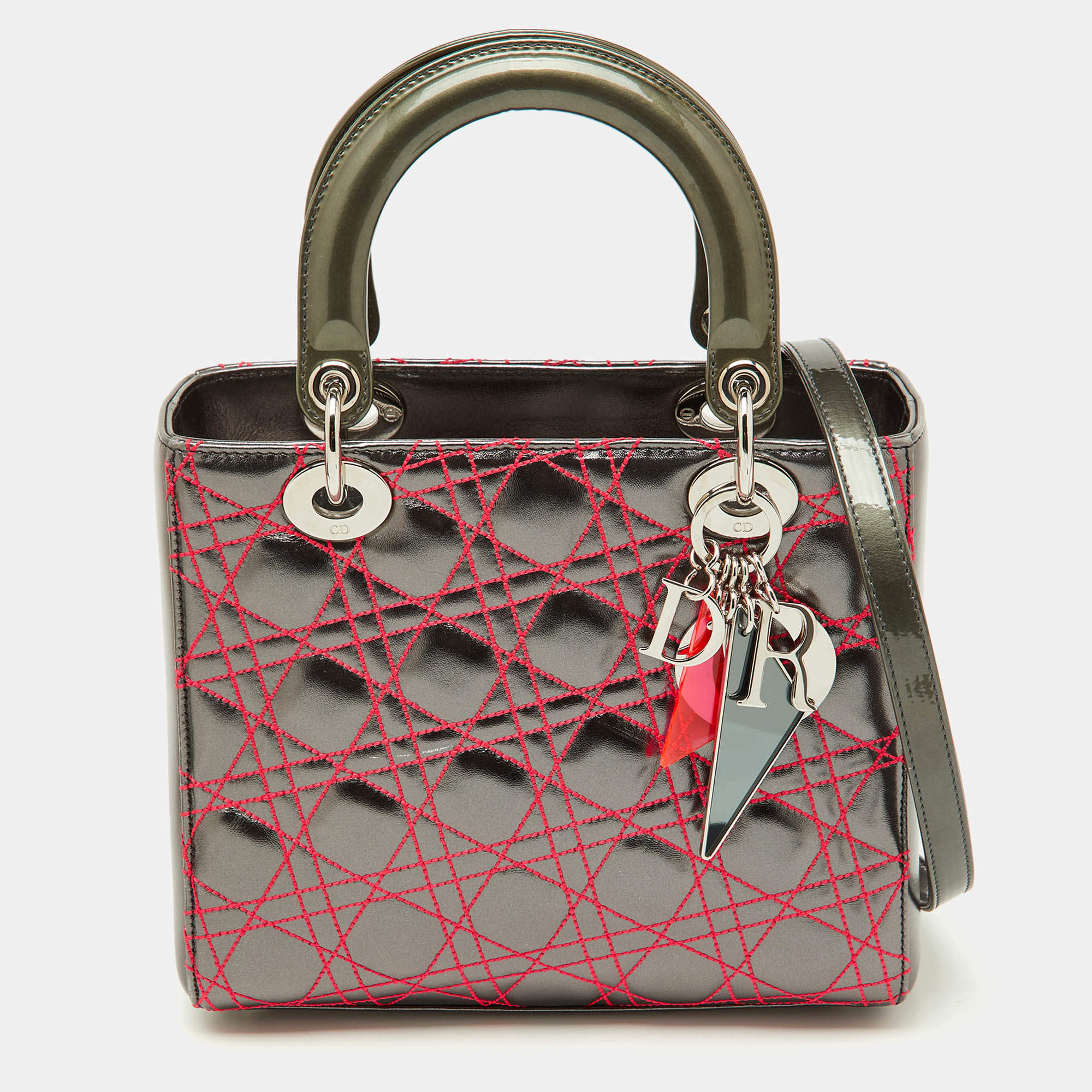 Pre Owned Dior Grey Cannage Patent and Leather Anselm Reyle Lady Dior Tote