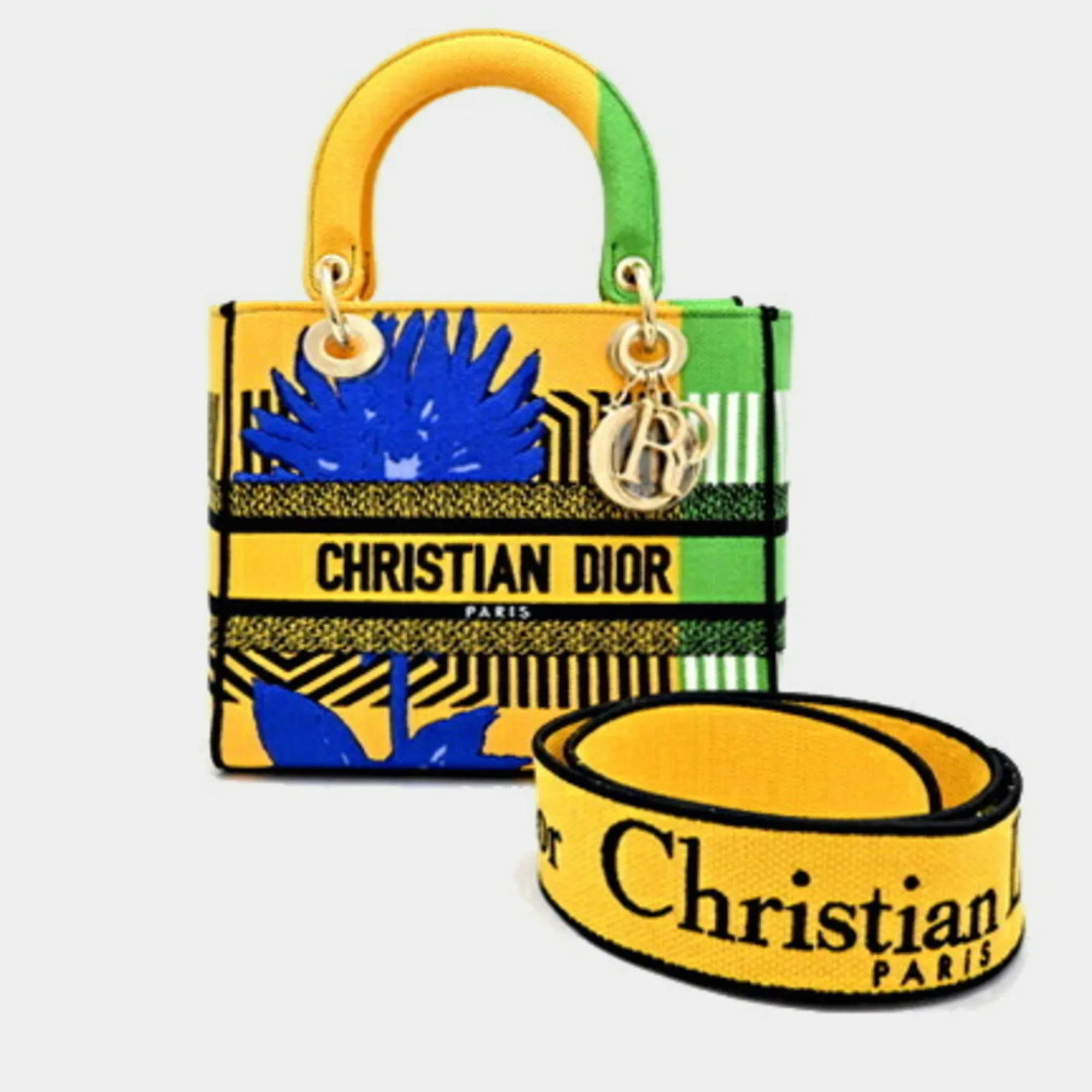 Pre Owned Dior Lady D-Lite Medium Yellow Canvas Tote Bag