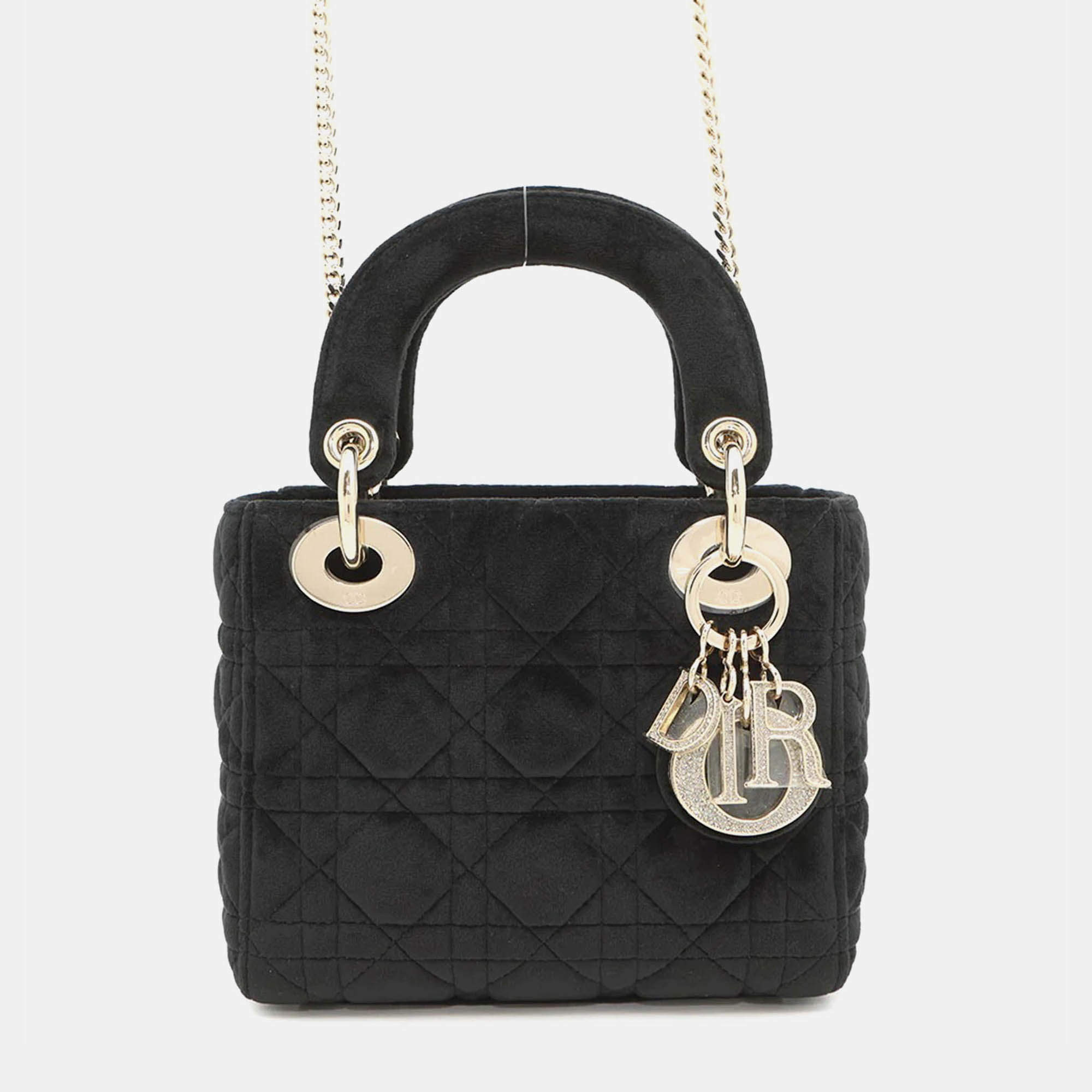 Pre Owned Dior Lady Dior Mini Black Velour Handbag