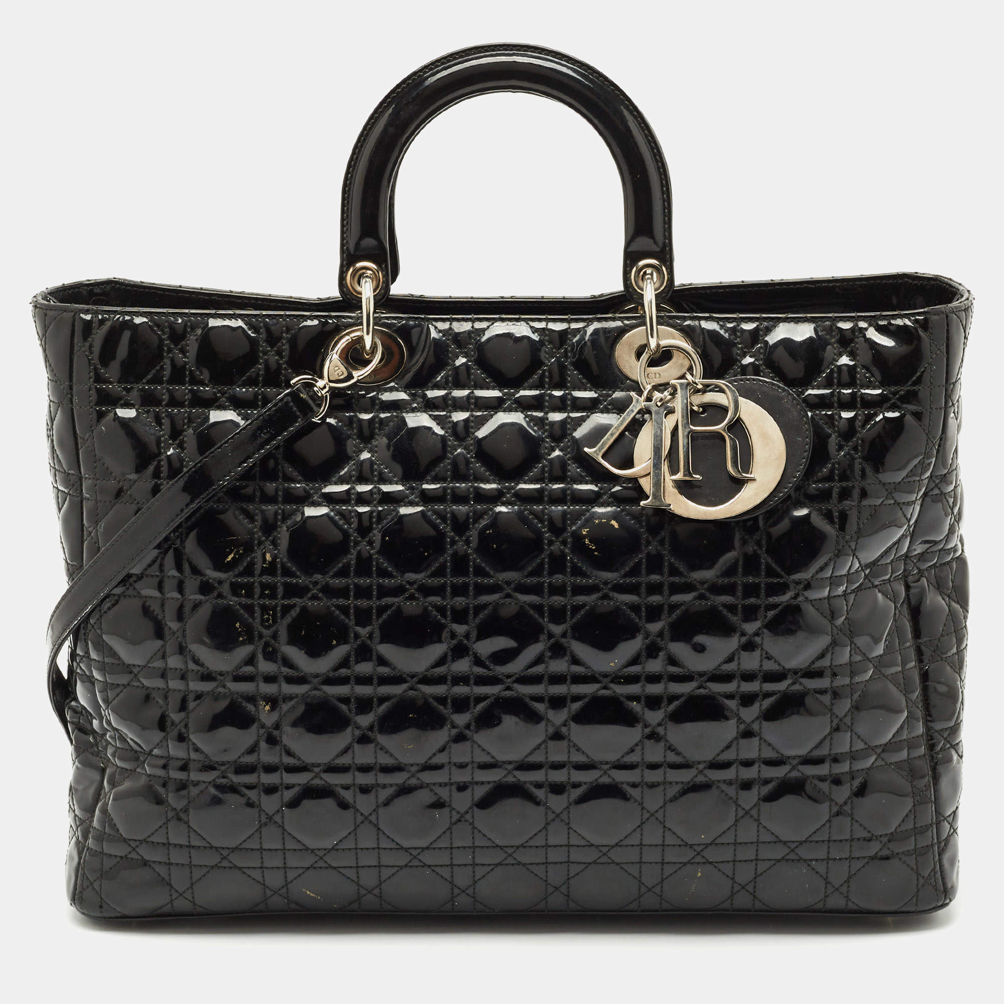 Pre Owned Dior Black Cannage Patent Leather XL Soft Lady Dior Tote