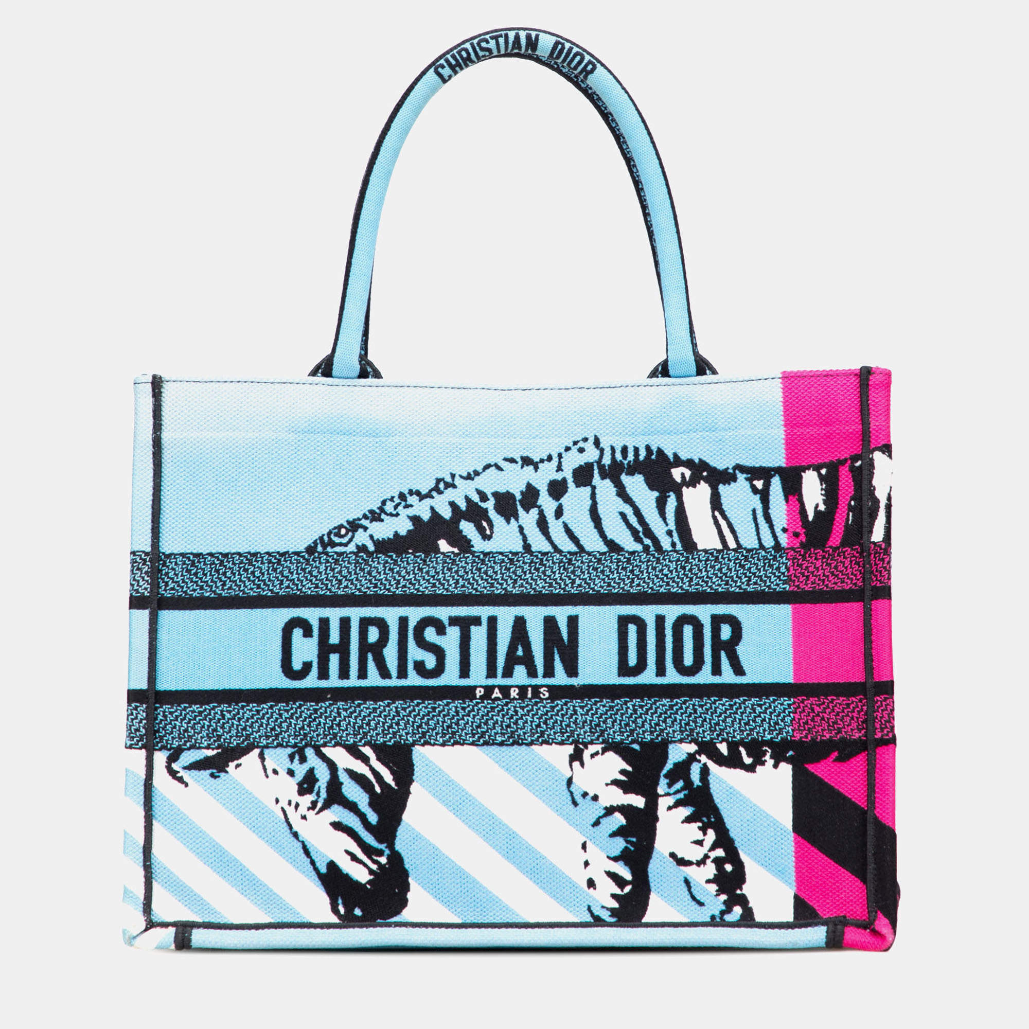 Pre Owned Dior Blue Medium Embroidered Canvas Zebra D Jungle Pop Book Tote