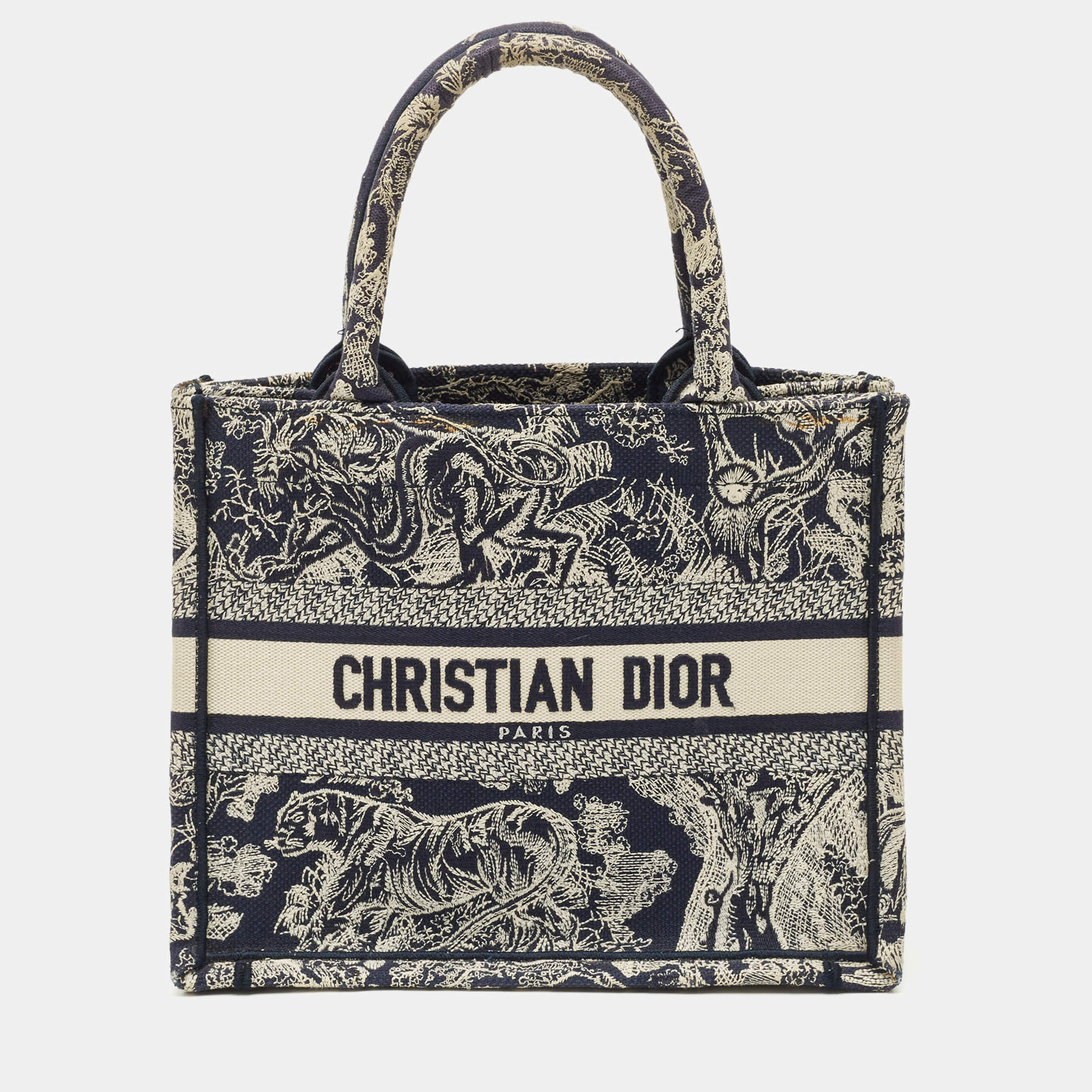 Pre Owned Dior Navy Blue/White Embroidered Canvas Small Toile de Jouy Book Tote