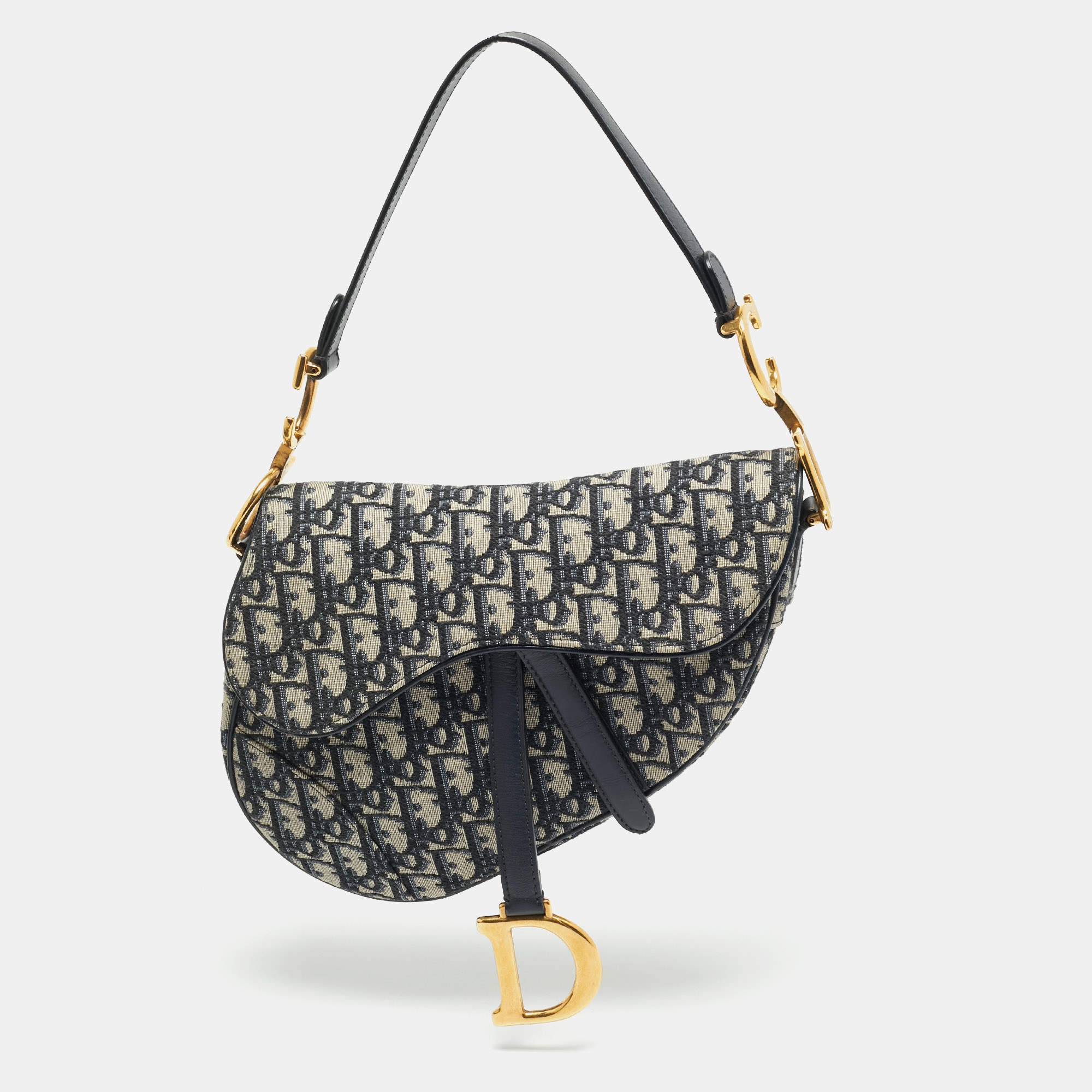 Pre Owned Dior Navy Blue Oblique Canvas and Leather Saddle Bag