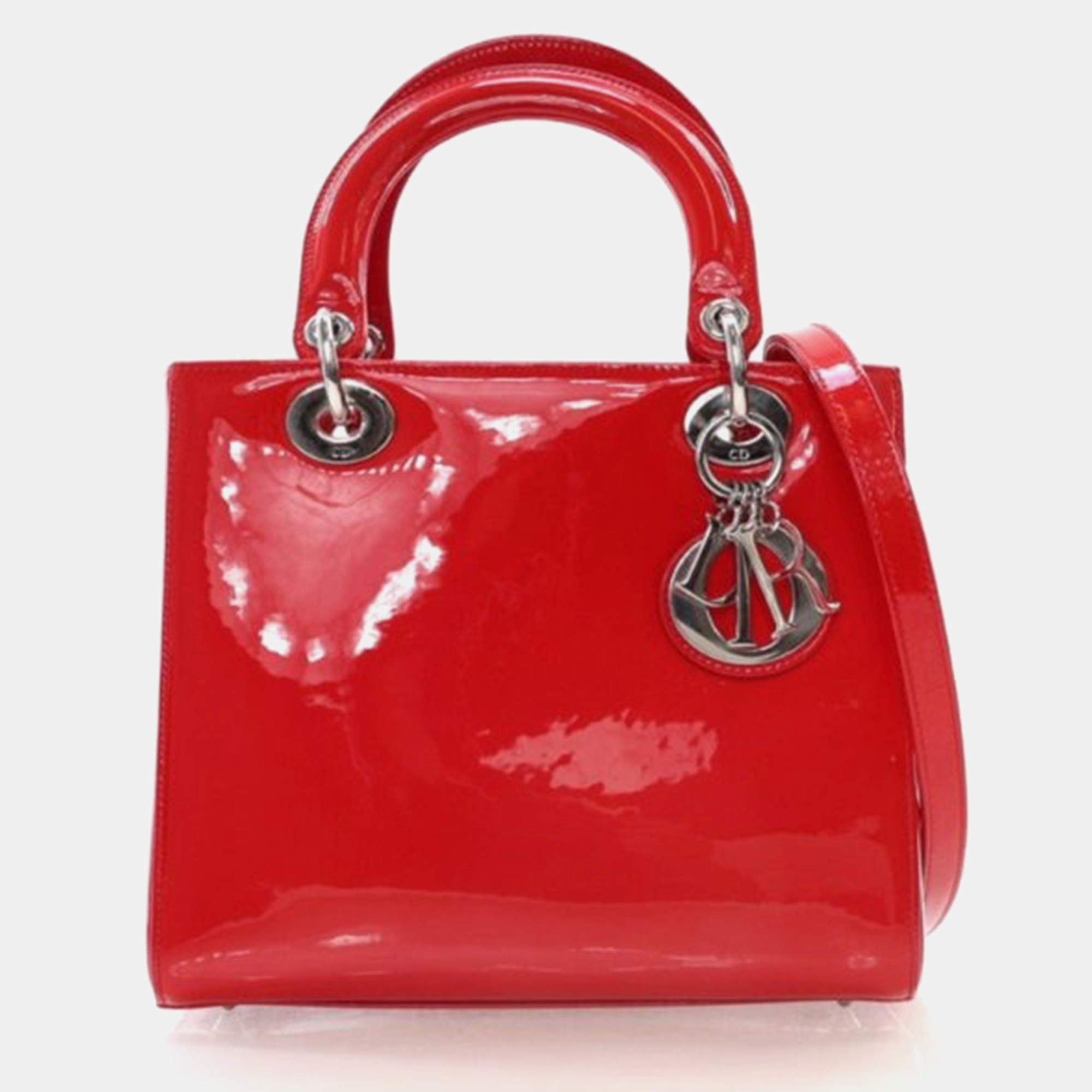 Pre Owned Dior Lady Dior Medium Red Smooth Patent Leather Handbag
