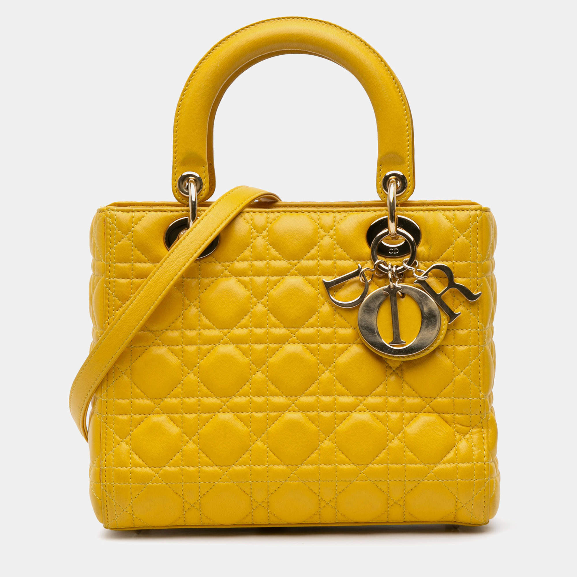 Pre Owned Dior Yellow Medium Lambskin Cannage Lady Dior