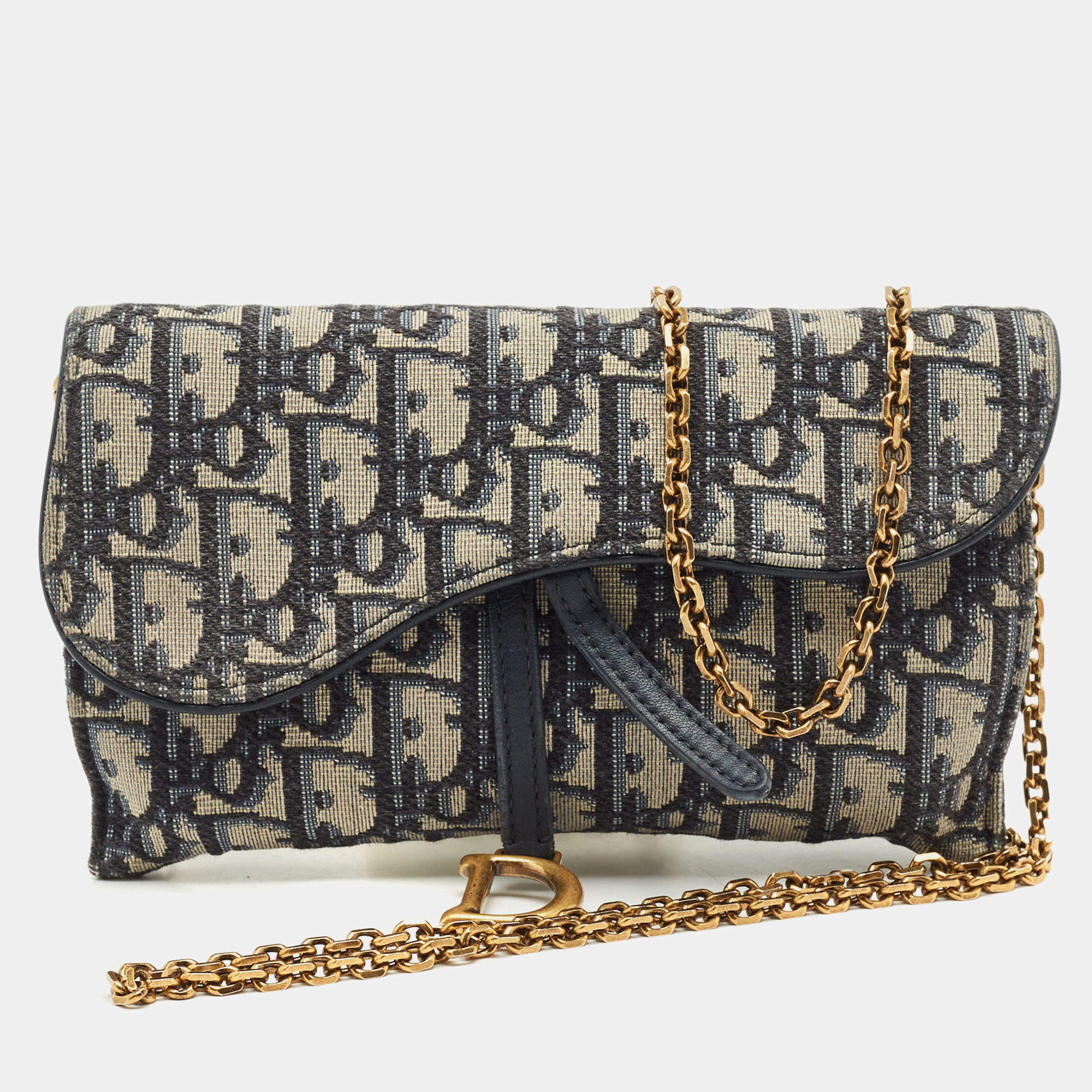 Pre Owned Dior Navy Blue Oblique Canvas and Leather Saddle Wallet on Chain