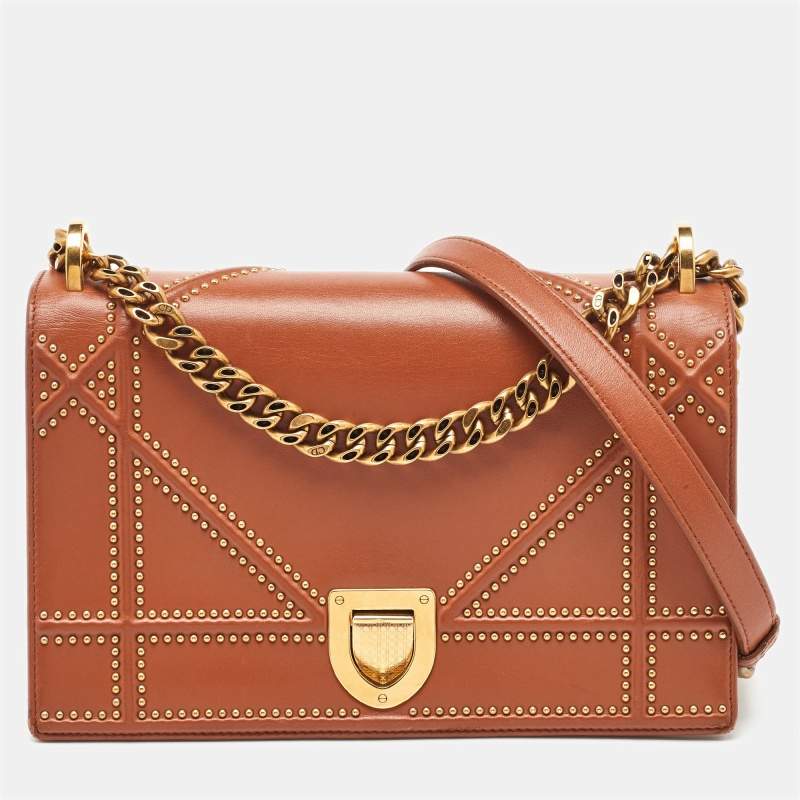 Pre Owned Dior Brown Leather Medium Diorama Studded Flap Shoulder Bag