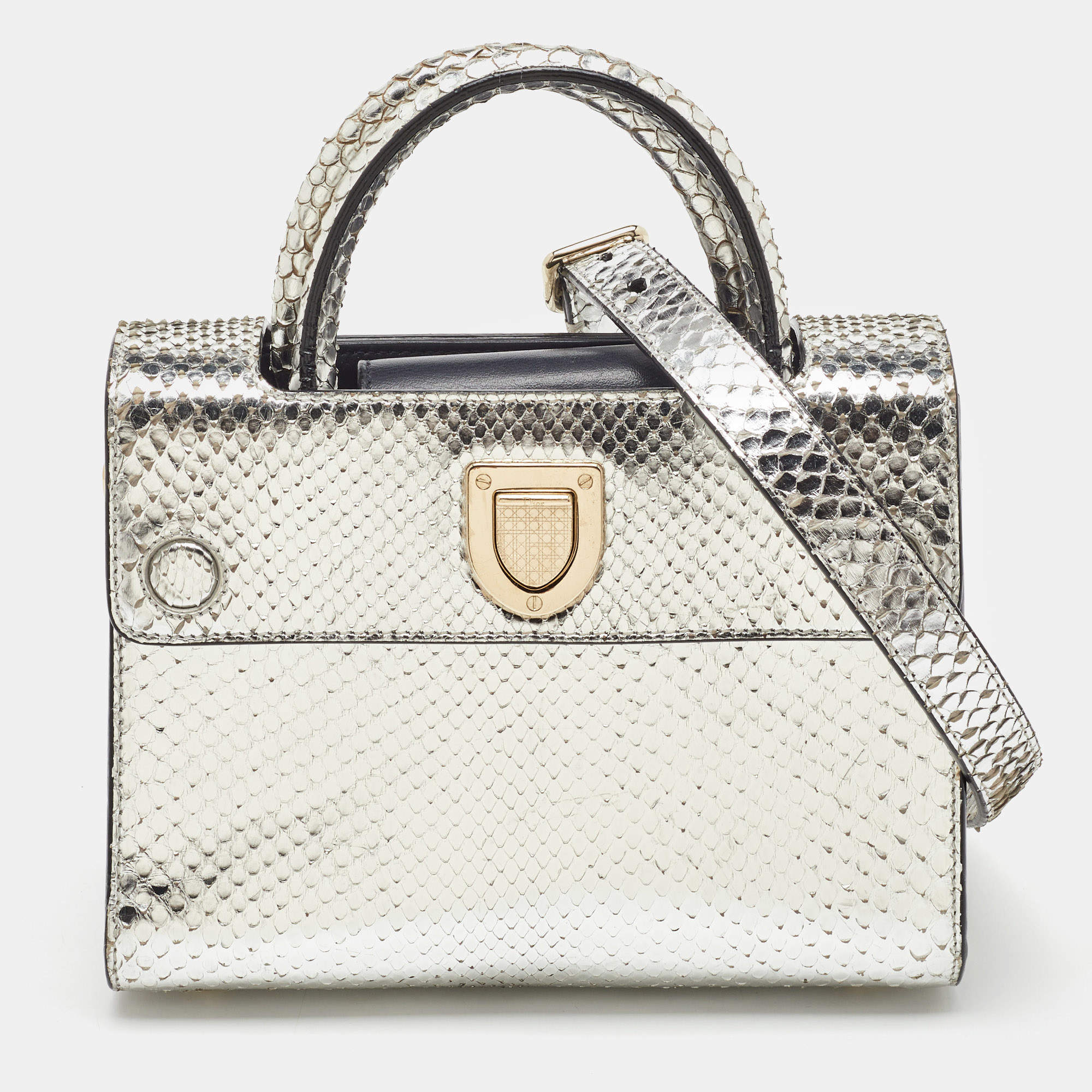 Pre Owned Dior Metallic Silver Python Mini Diorever Tote