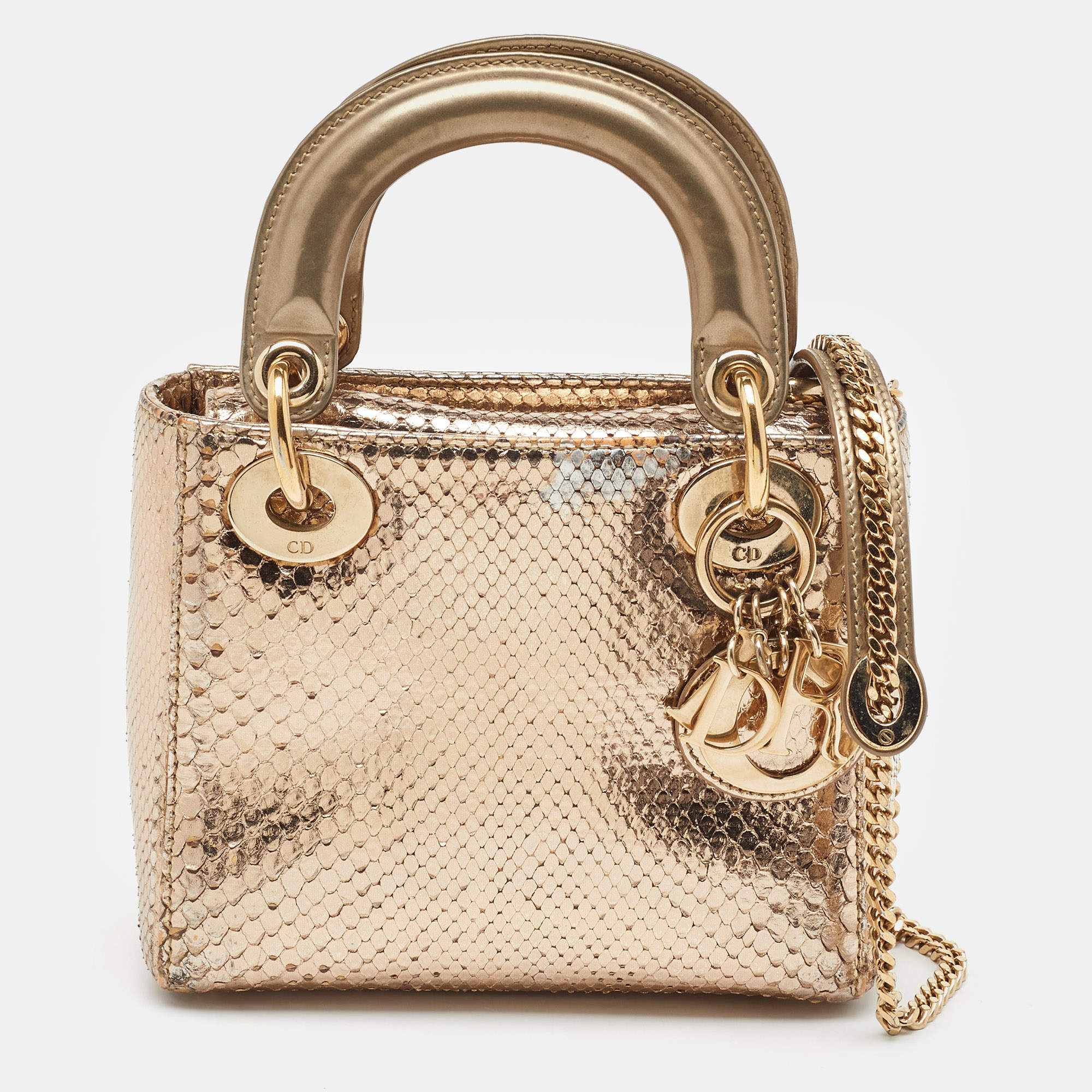 Pre Owned Dior Metallic Gold Python Mini Lady Dior Tote