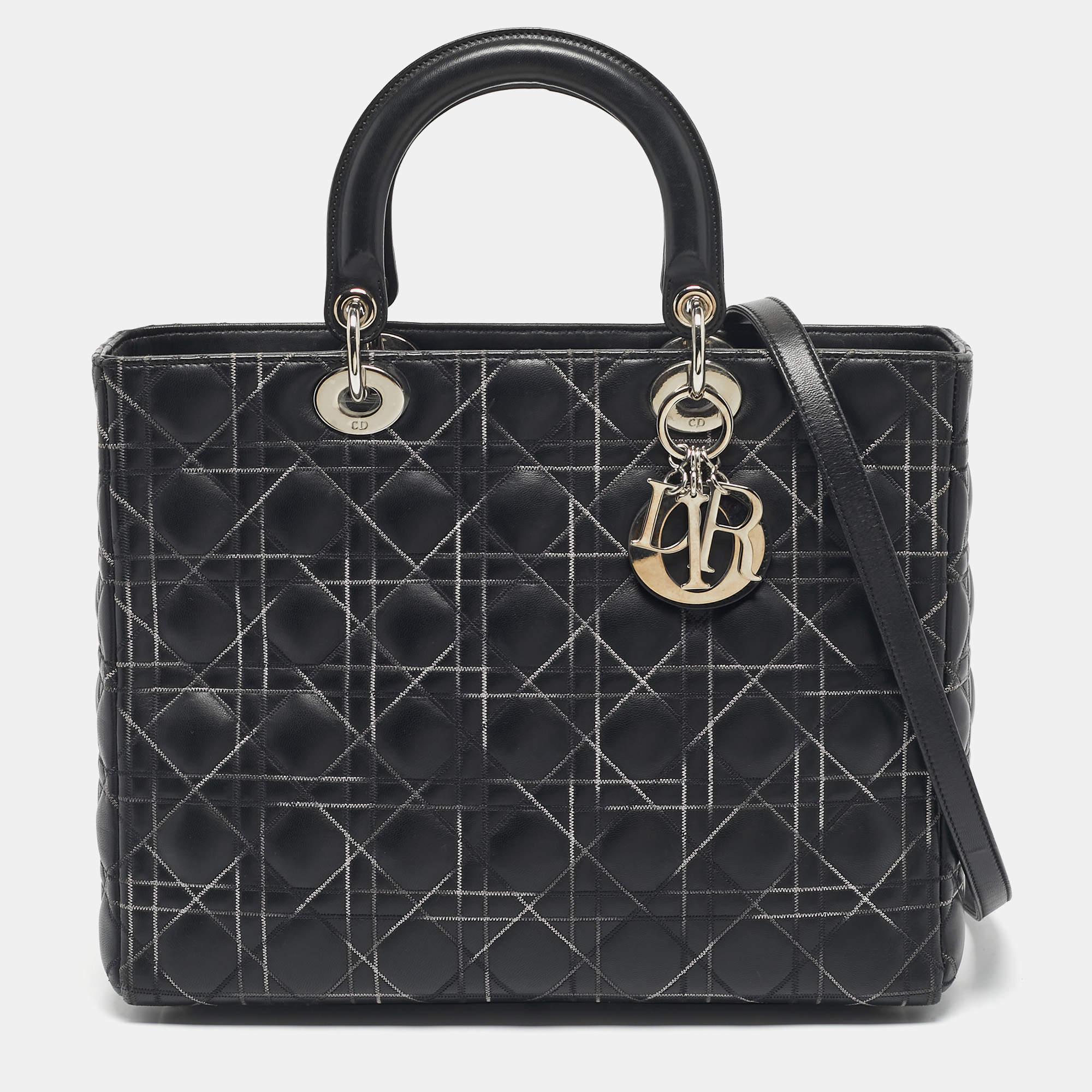 Pre Owned Dior Black Cannage Stitched Leather Large Lady Dior Tote