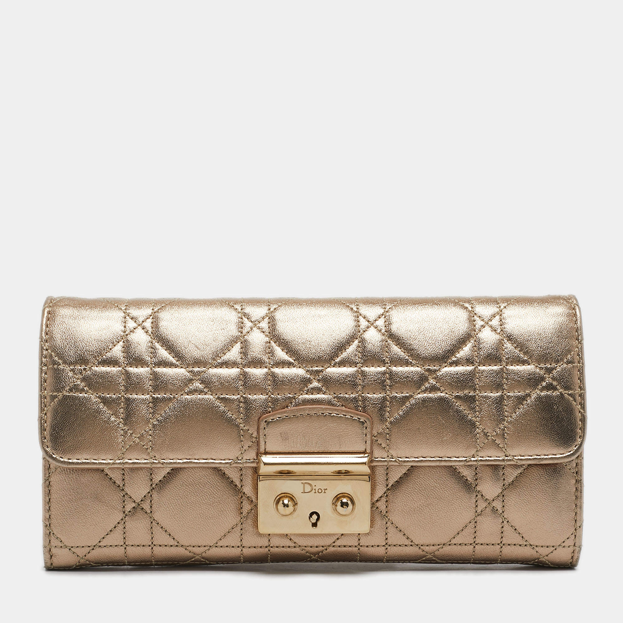 Pre Owned Dior Gold Cannage Leather Miss Dior Rendezvous Wallet on Chain